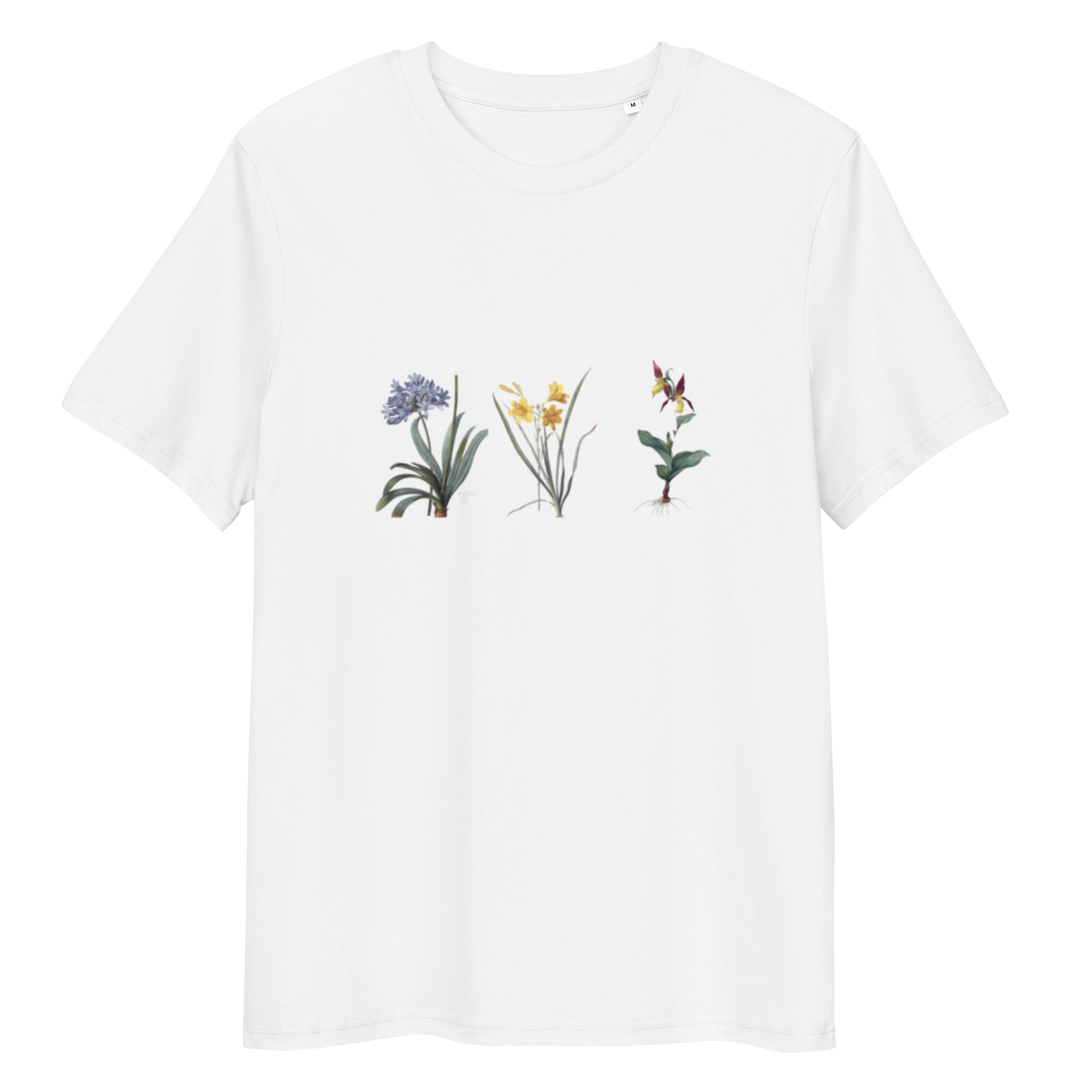 White T-Shirt with image blue, yellow and red flowers in a line in the centre