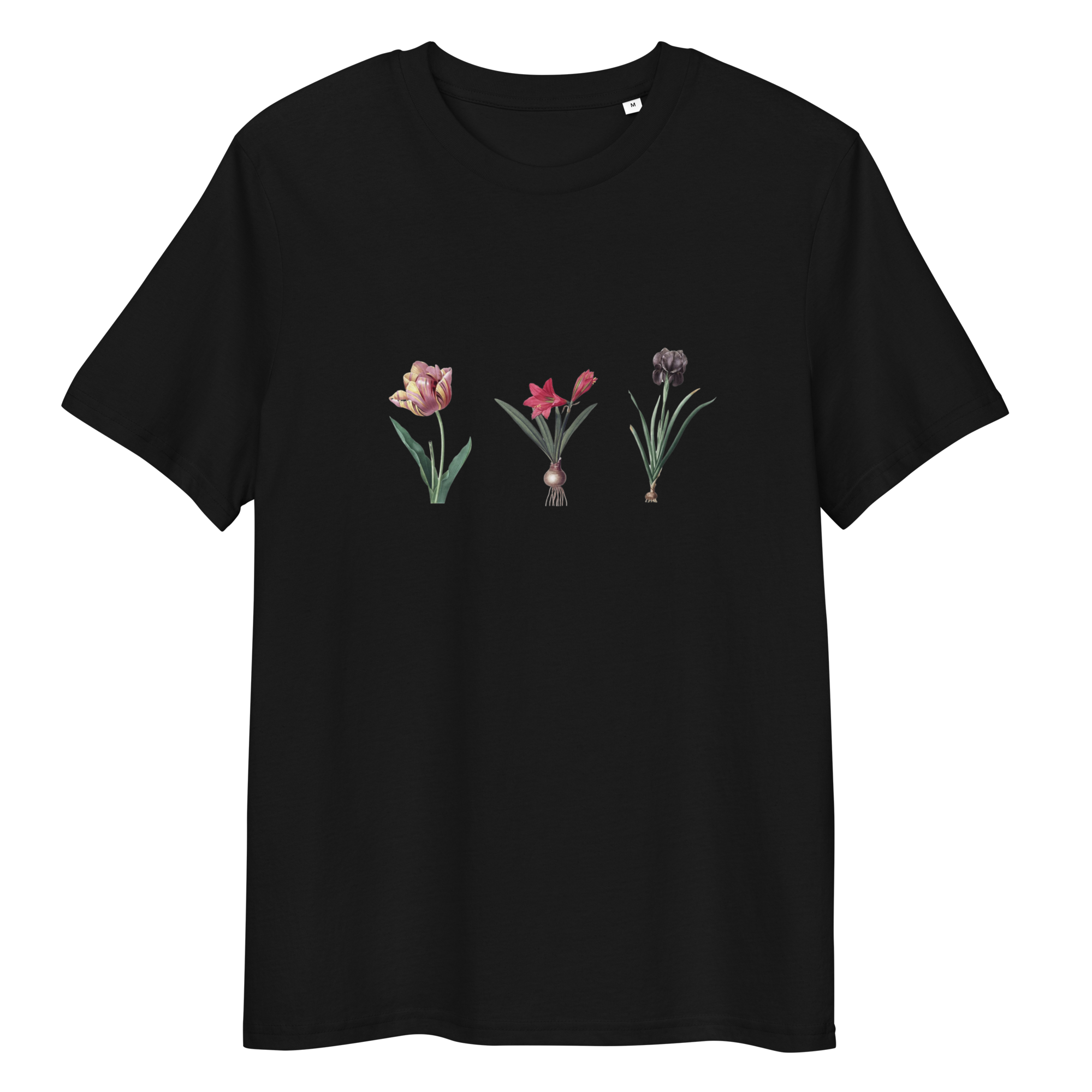 Black T-Shirt with image of pink, black and red flowers in a line in the centre