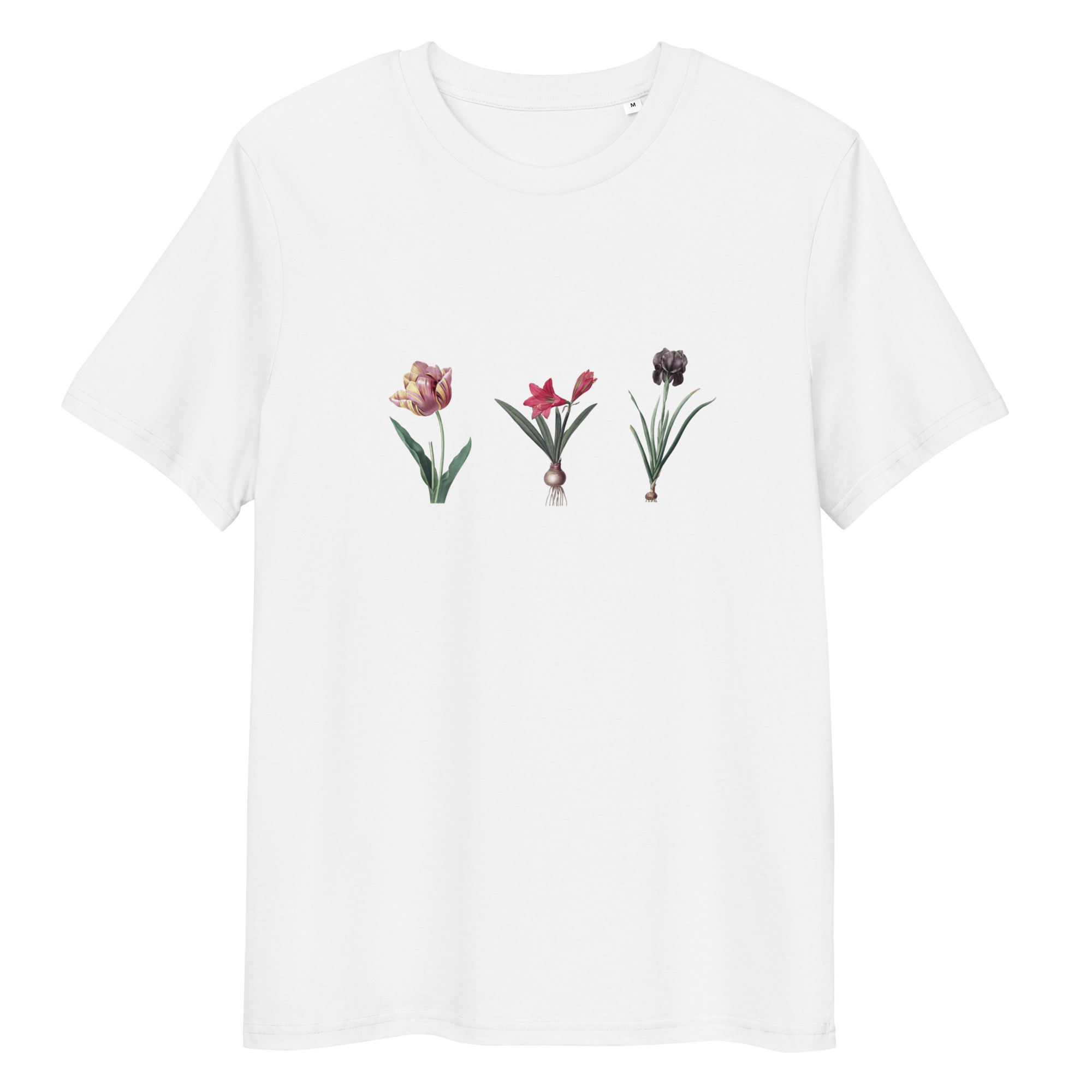White T-Shirt with image of pink, black and red flowers in a line in the centre