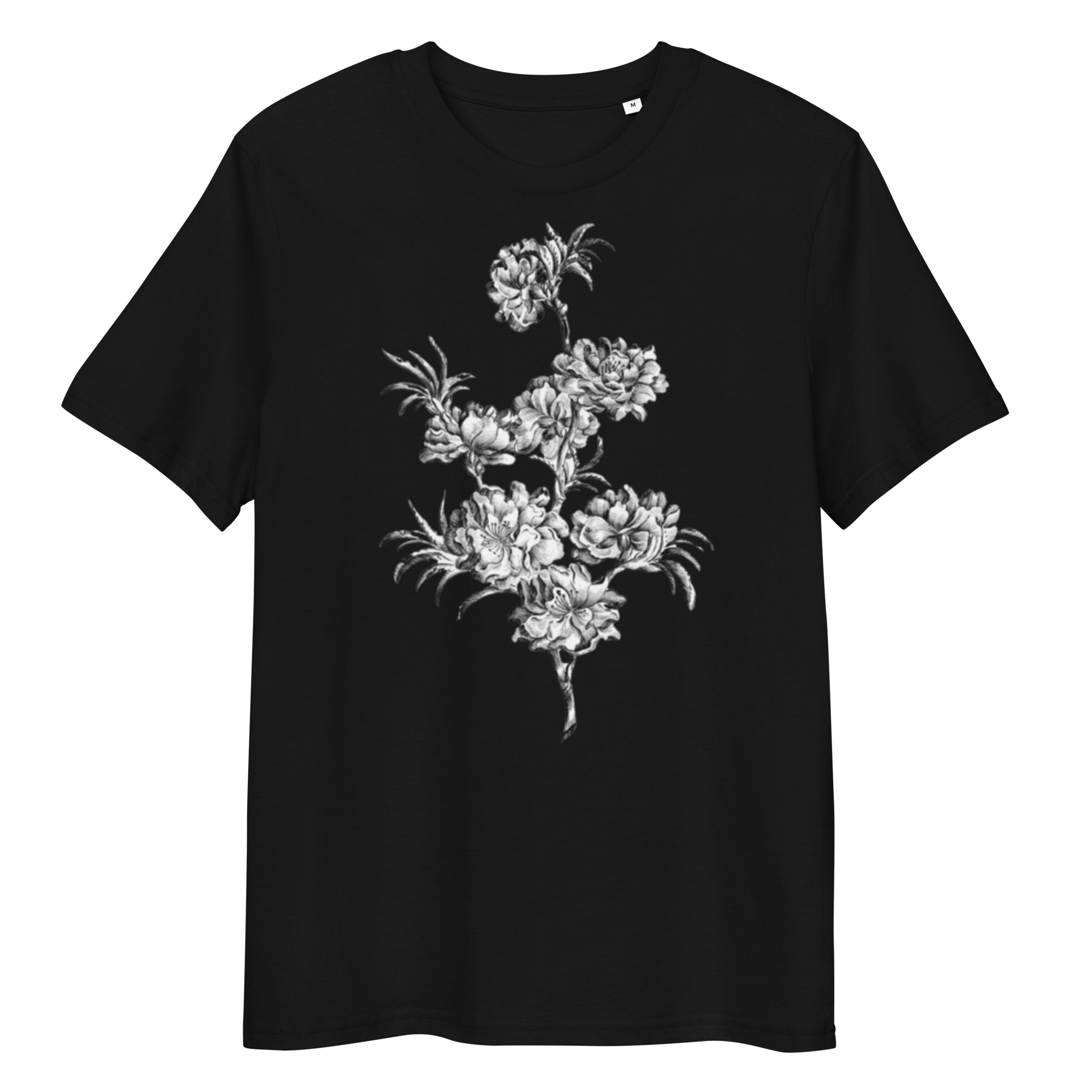 Black T-Shirt with image of colourless blossom in the centre