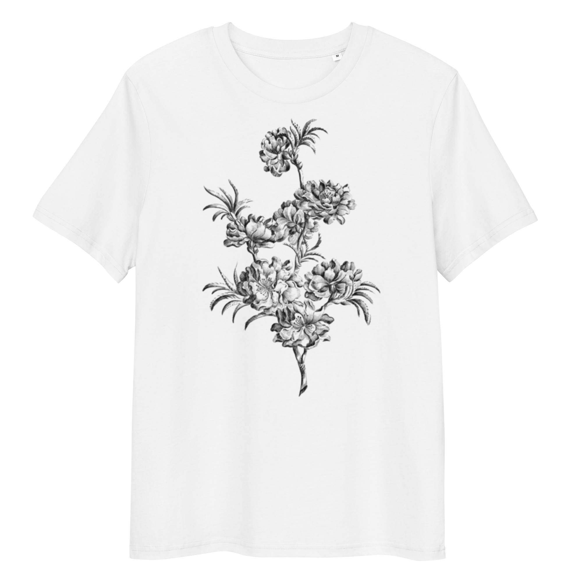 White T-Shirt with image of colourless blossom in the centre
