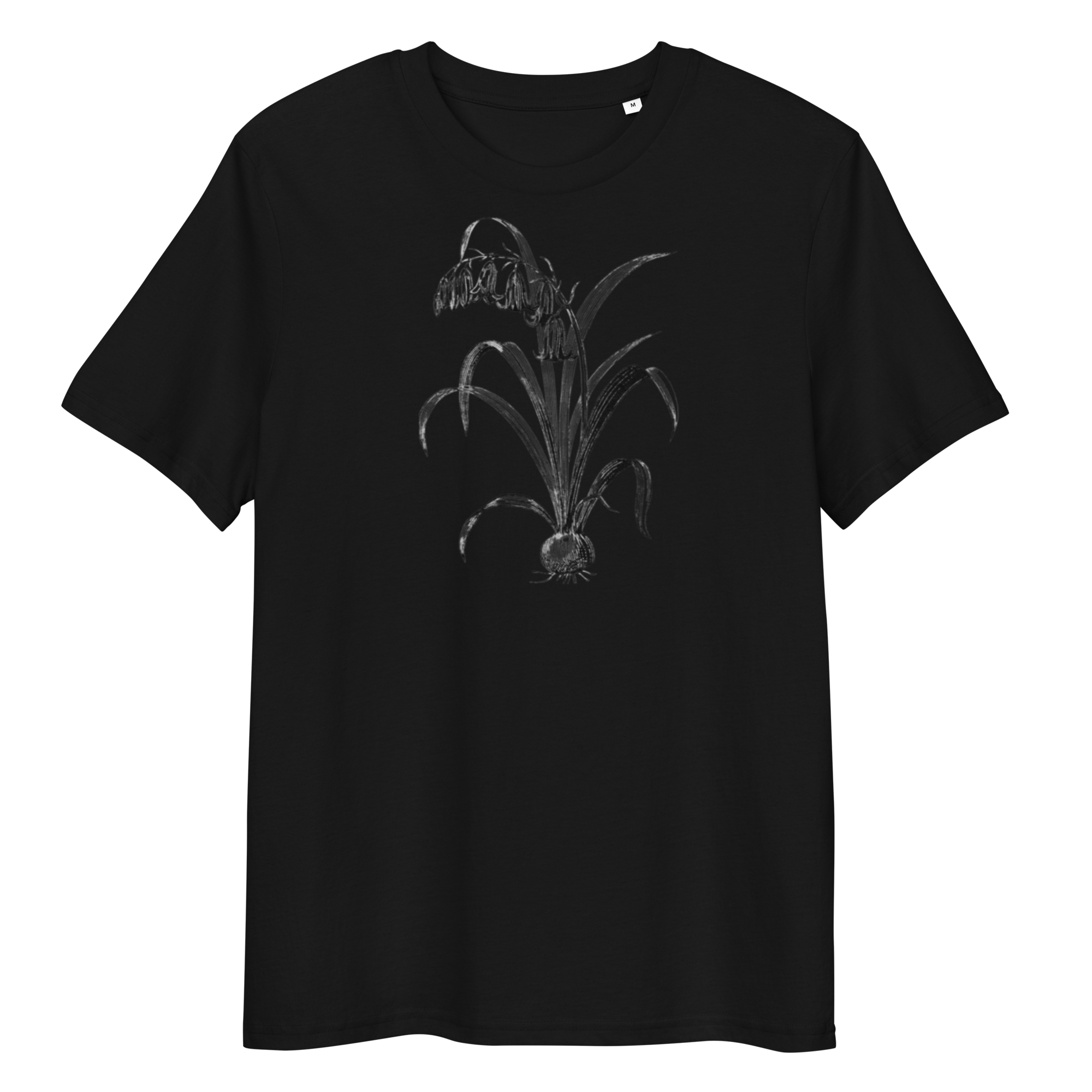 Black T-Shirt with image of colourless bluebell in the centre