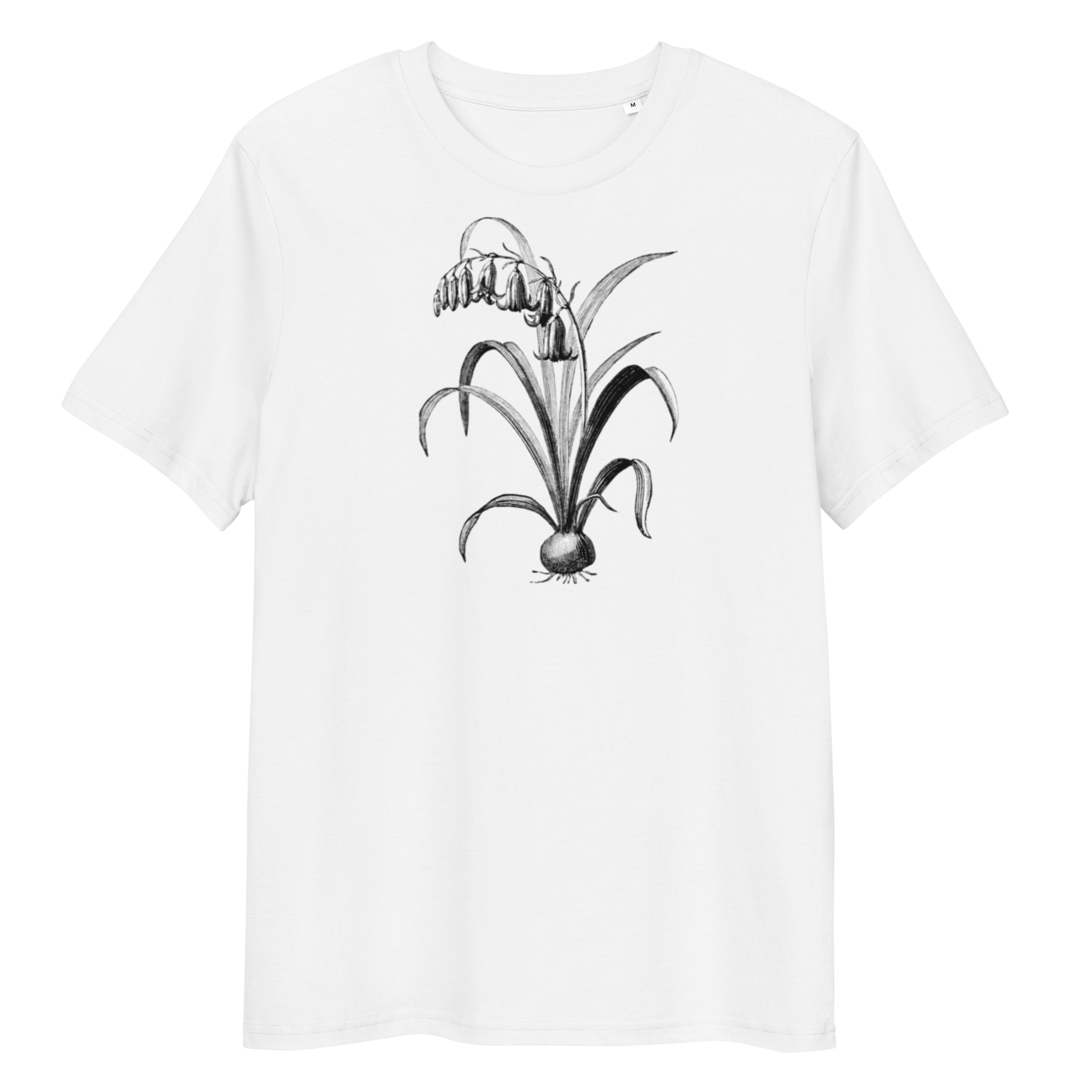 White T-Shirt with image of colourless bluebell in the centre