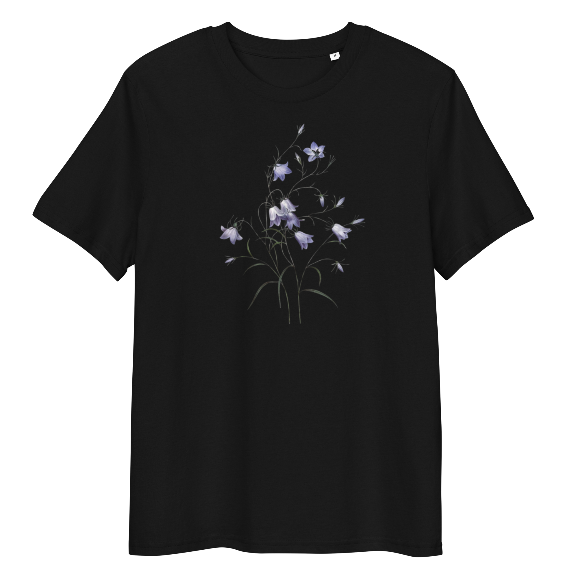 Black T-Shirt with image of blue campanula flower in the centre