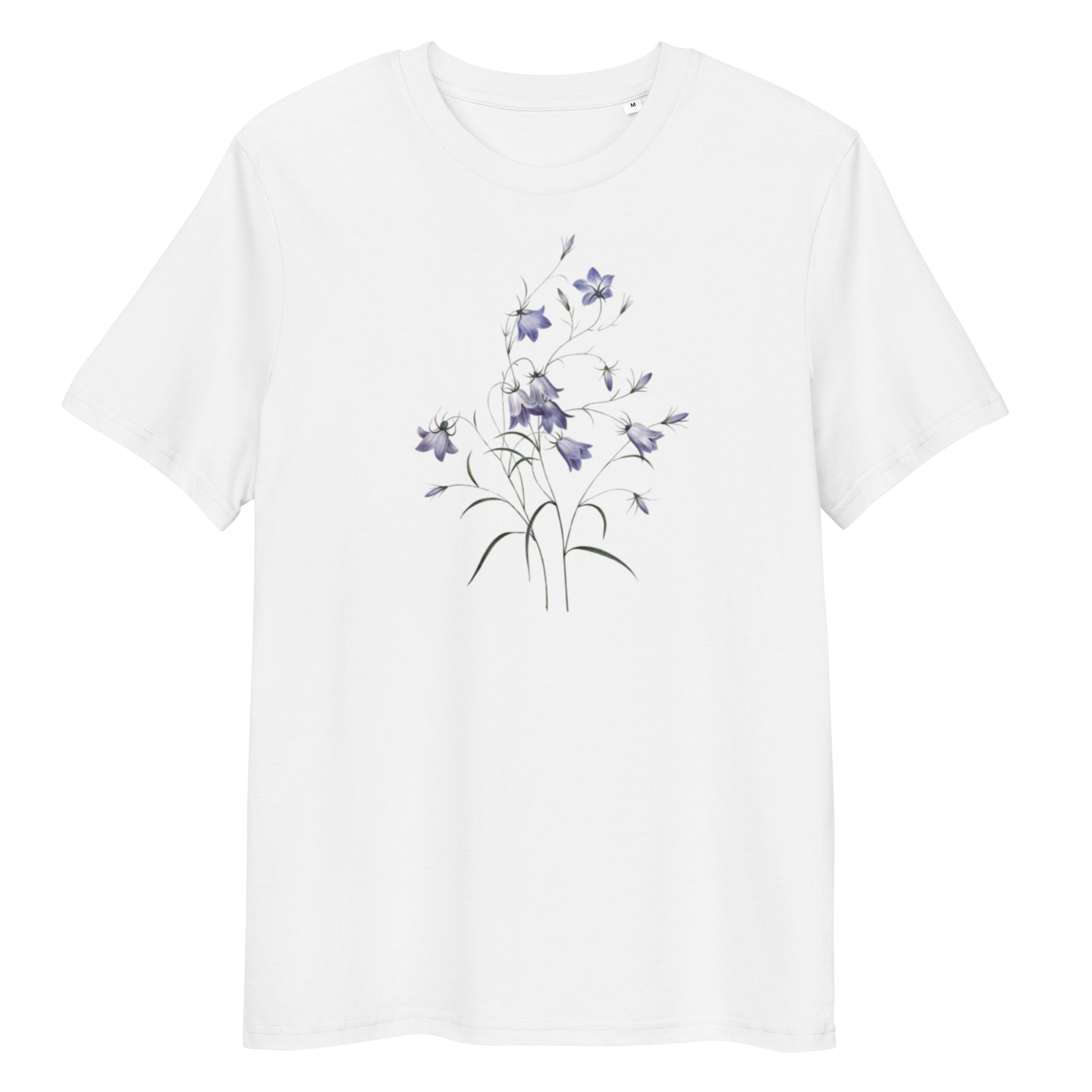 White T-Shirt with image of blue campanula flower in the centre