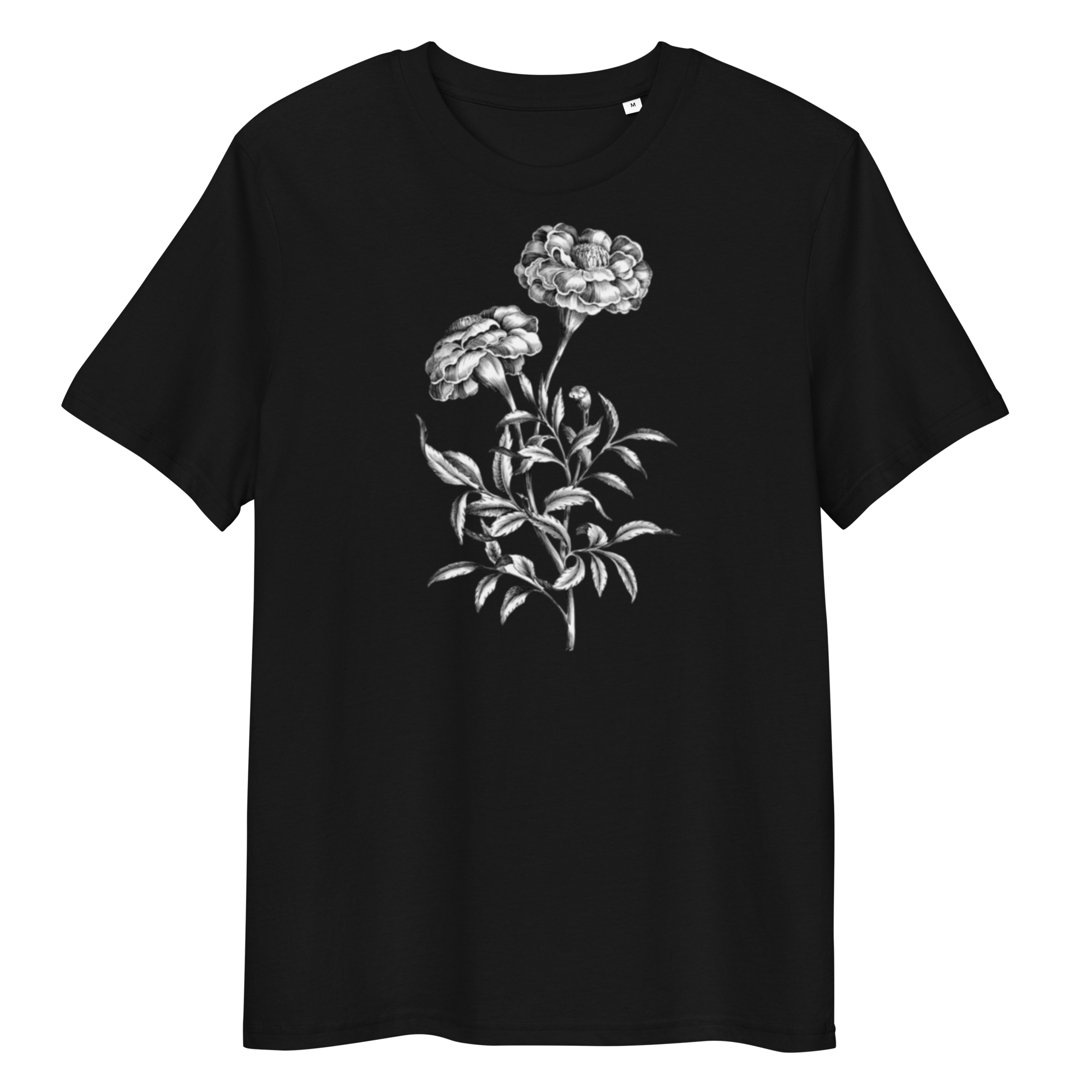 Black T-Shirt with image of colourless french marigold flower in the centre