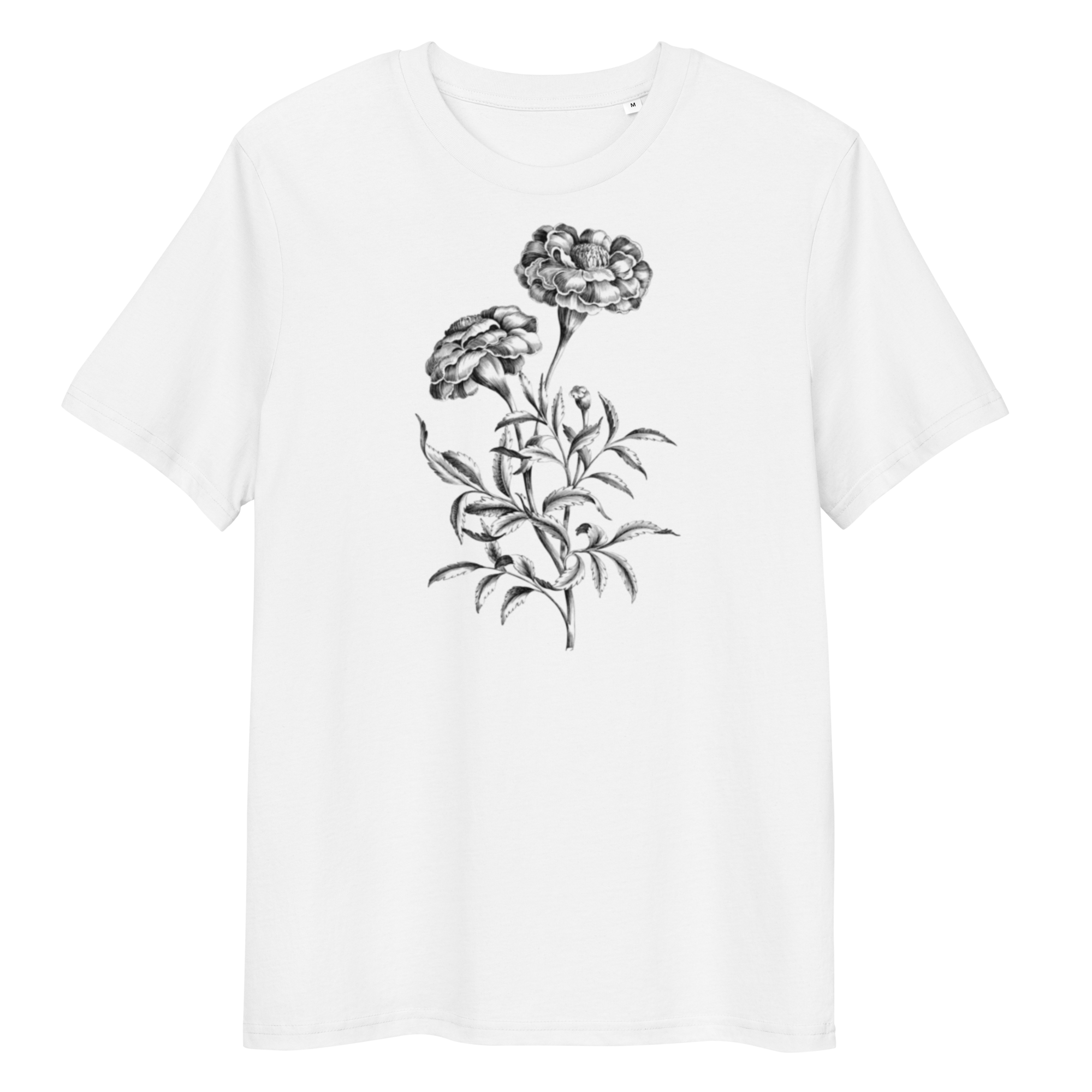 White T-Shirt with image of colourless french marigold flower in the centre