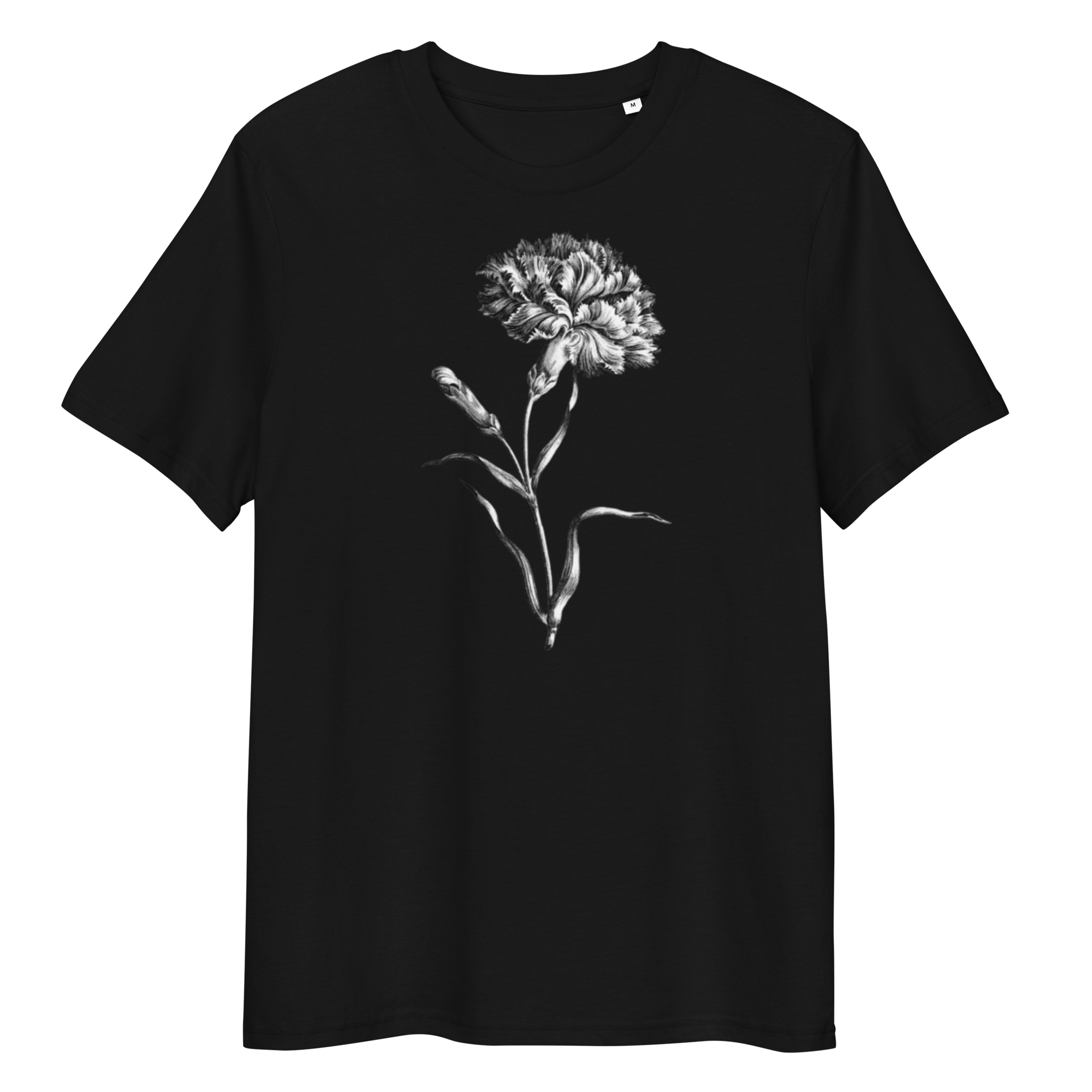 Black T-Shirt with image of colourless carnation flower in the centre