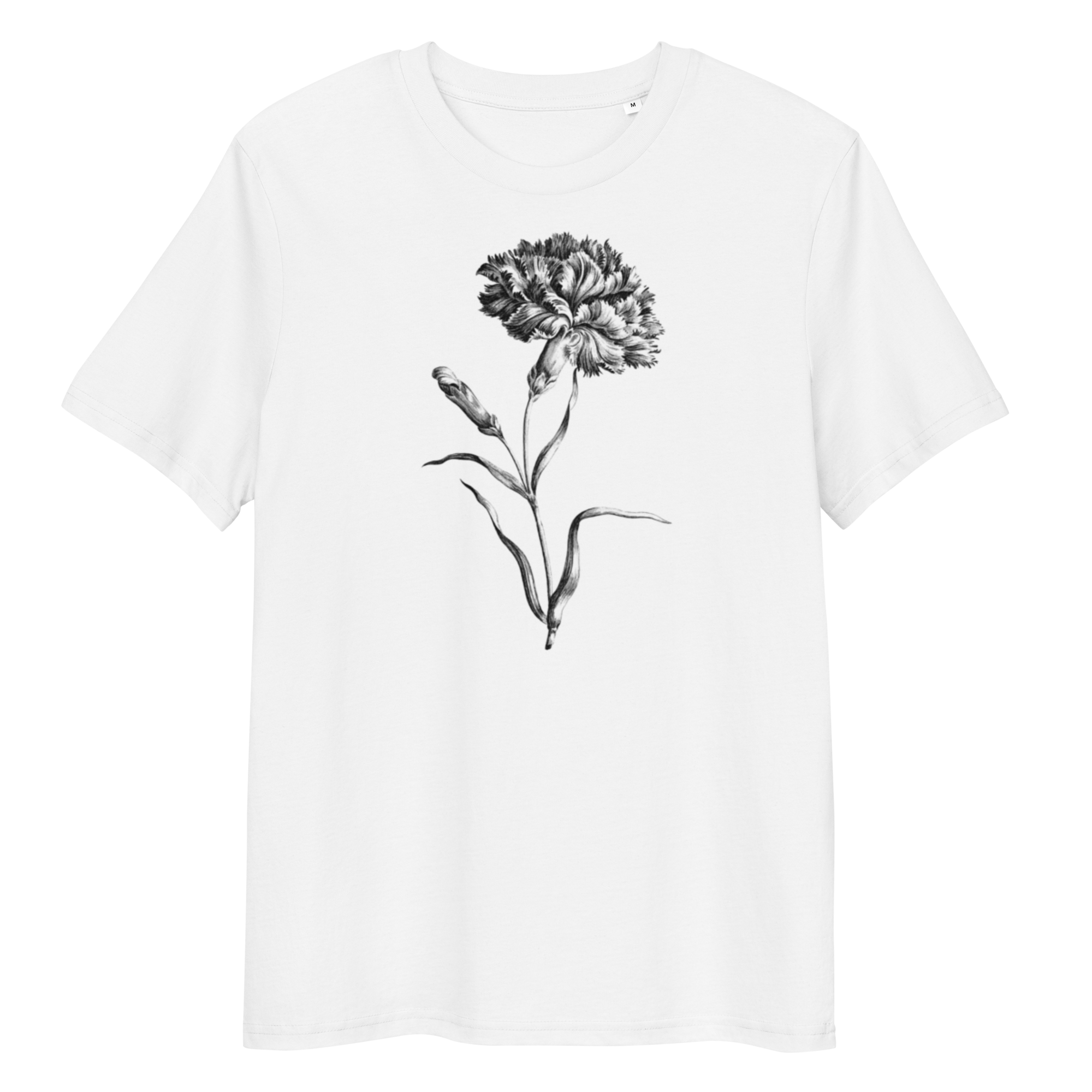 White T-Shirt with image of colourless carnation flower in the centre