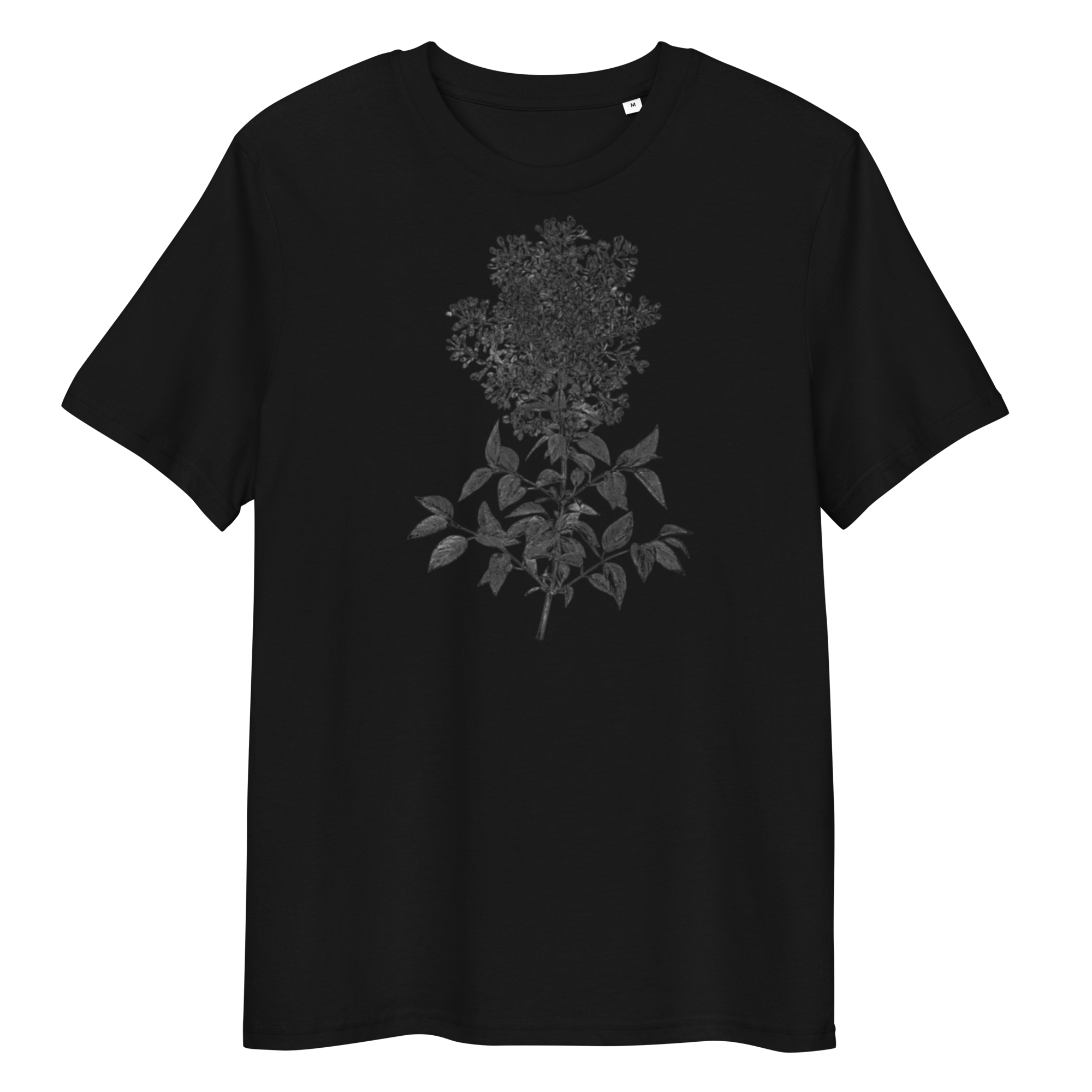 Black T-Shirt with image of colourless lilac flower in the centre