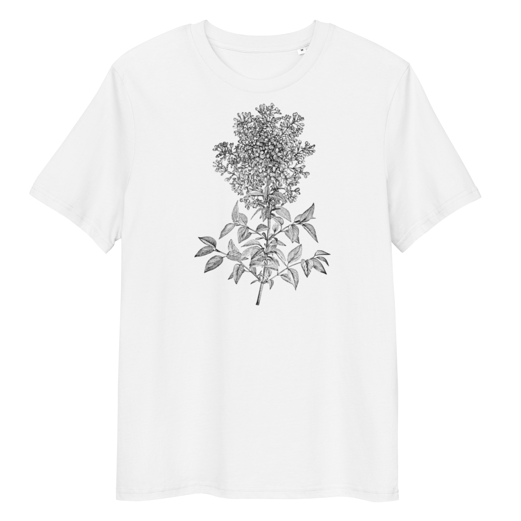 White T-Shirt with image of colourless lilac flower in the centre