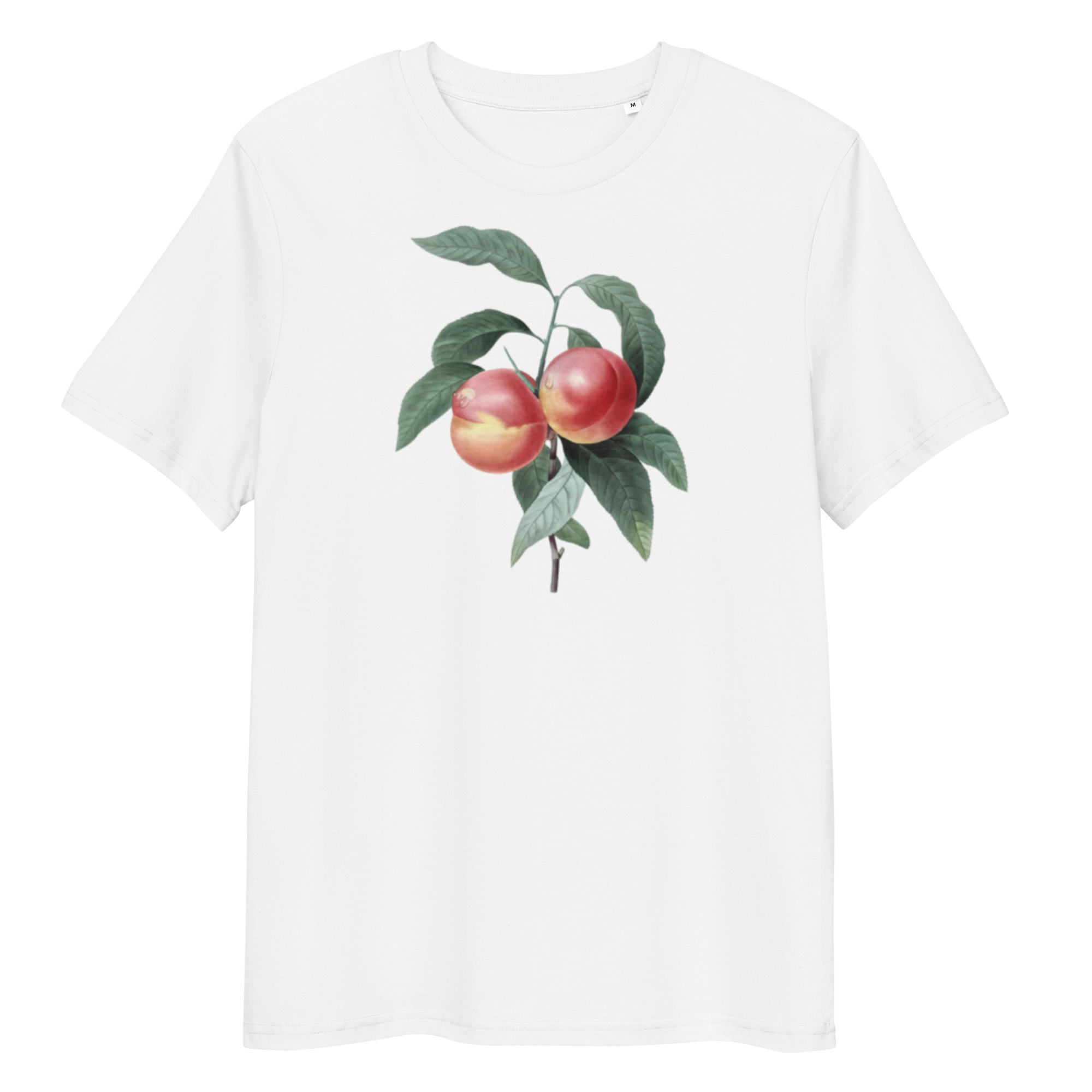 White T-Shirt with image of orange pair of peaches in the centre
