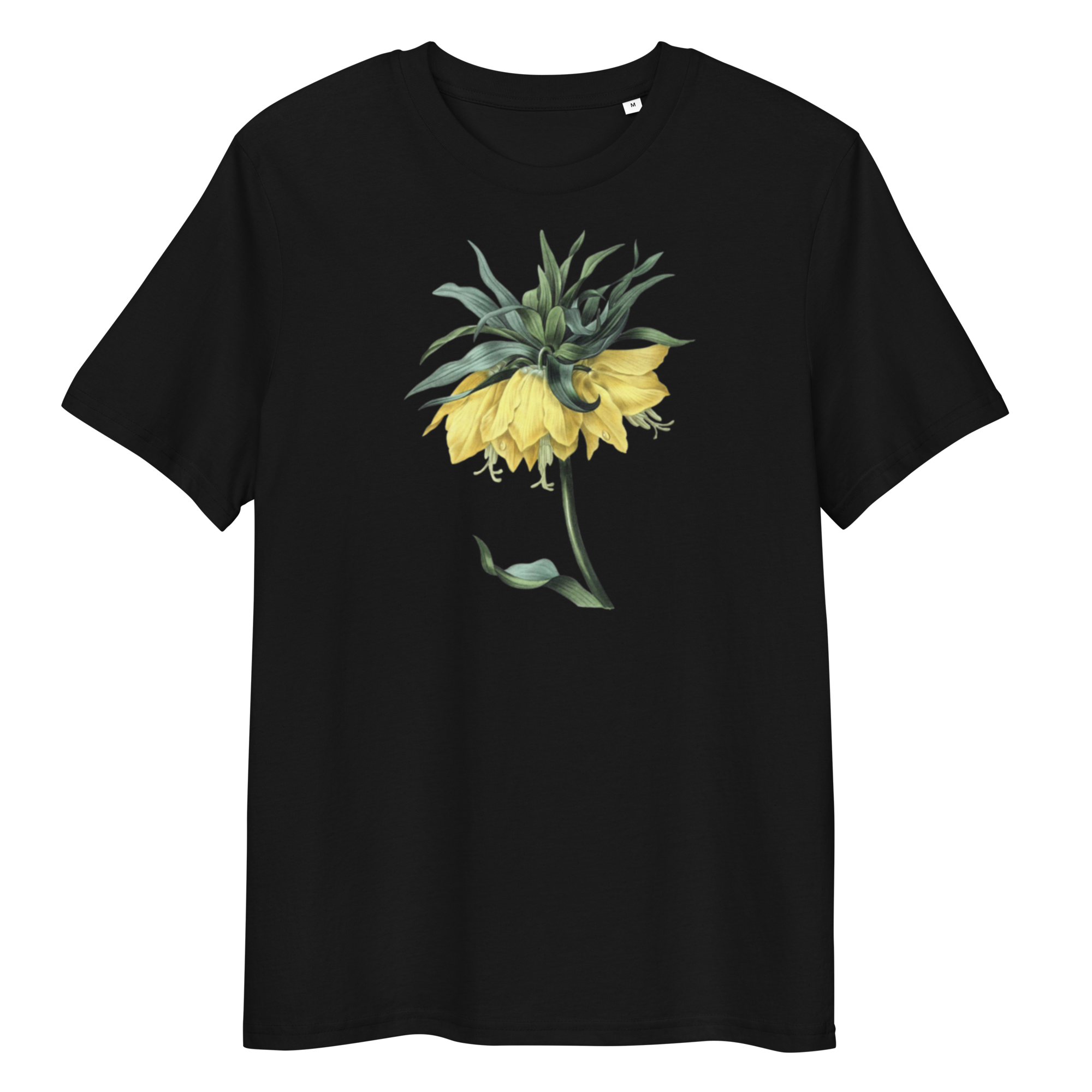 Black T-Shirt with image of yellow crown imperial in the centre