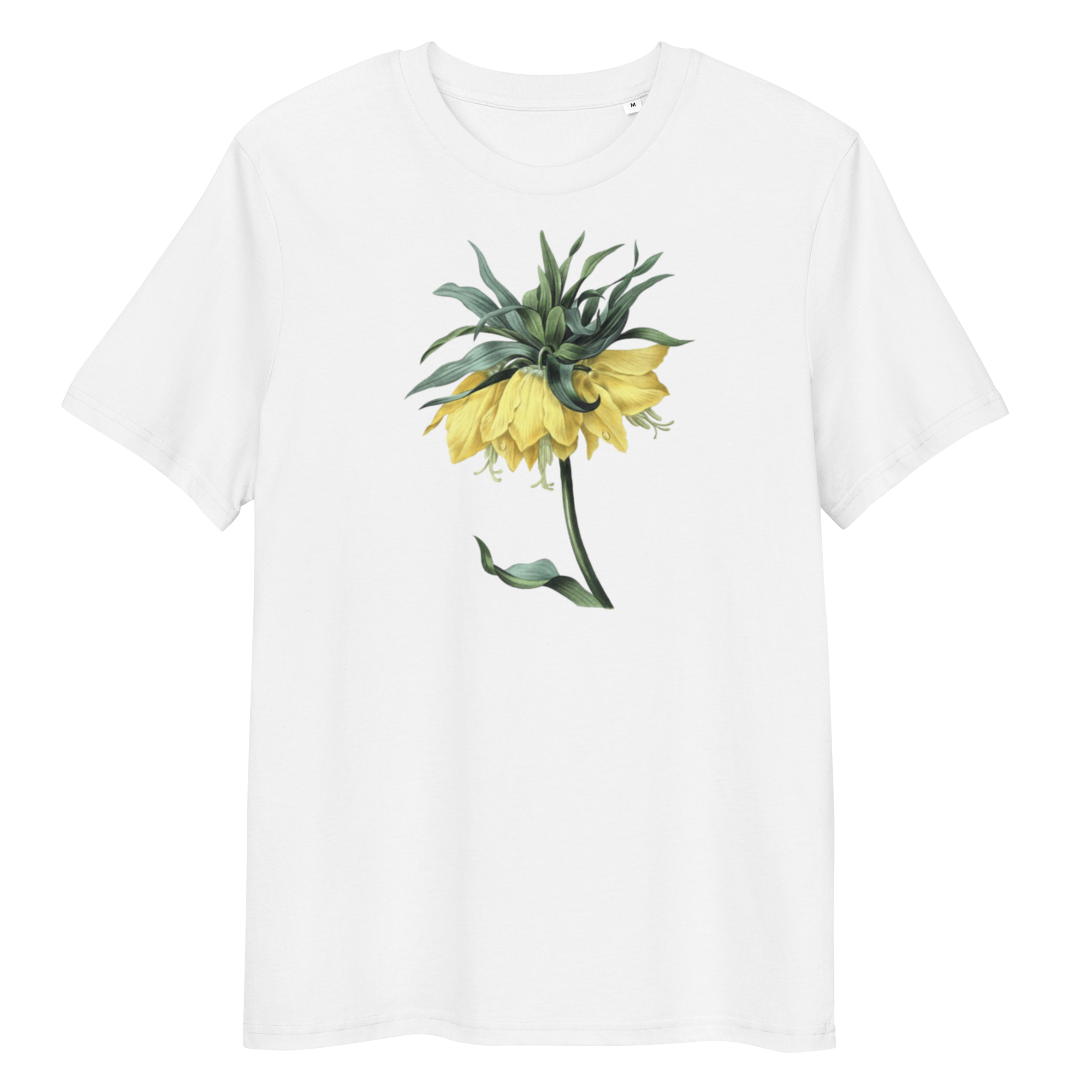 White T-Shirt with image of yellow crown imperial in the centre