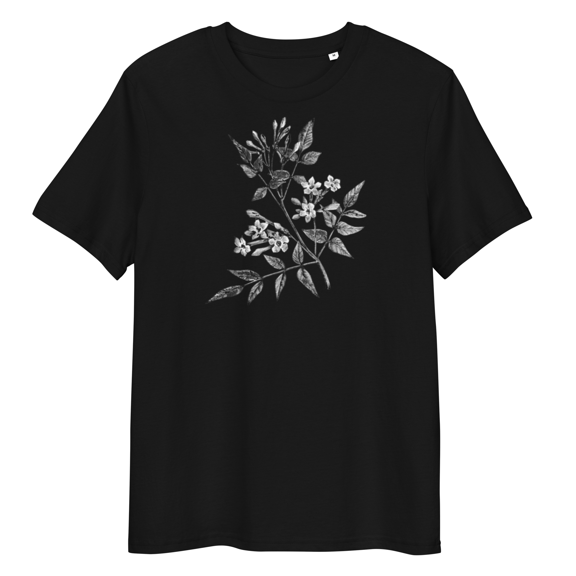 Black T-Shirt with image of colourless jasmine flower in the centre