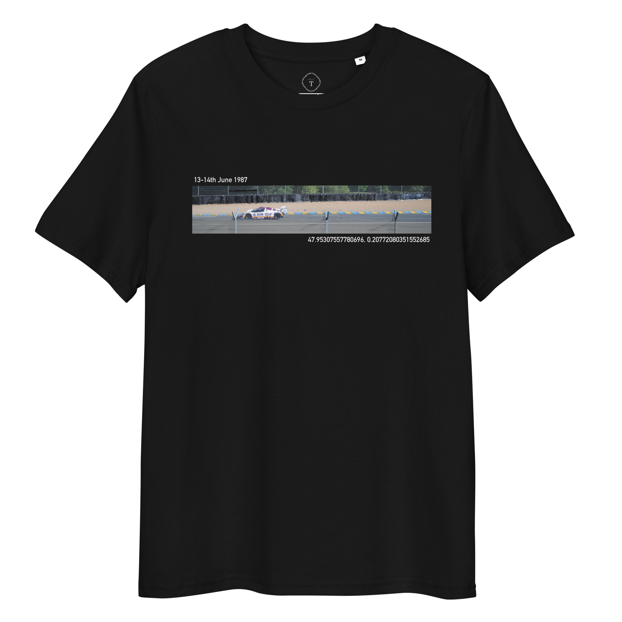 Black T-Shirt of slit photograph design of SilkCut Jaguar at Le Mans with date and coordinates of event