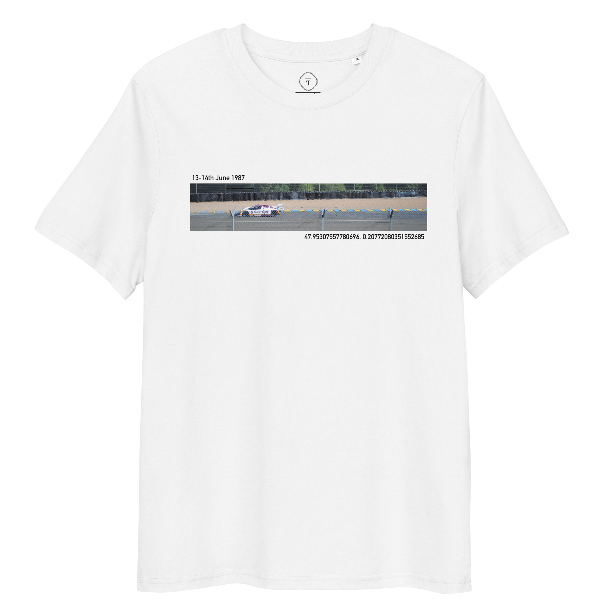 White T-Shirt of slit photograph design of SilkCut Jaguar at Le Mans with date and coordinates of event