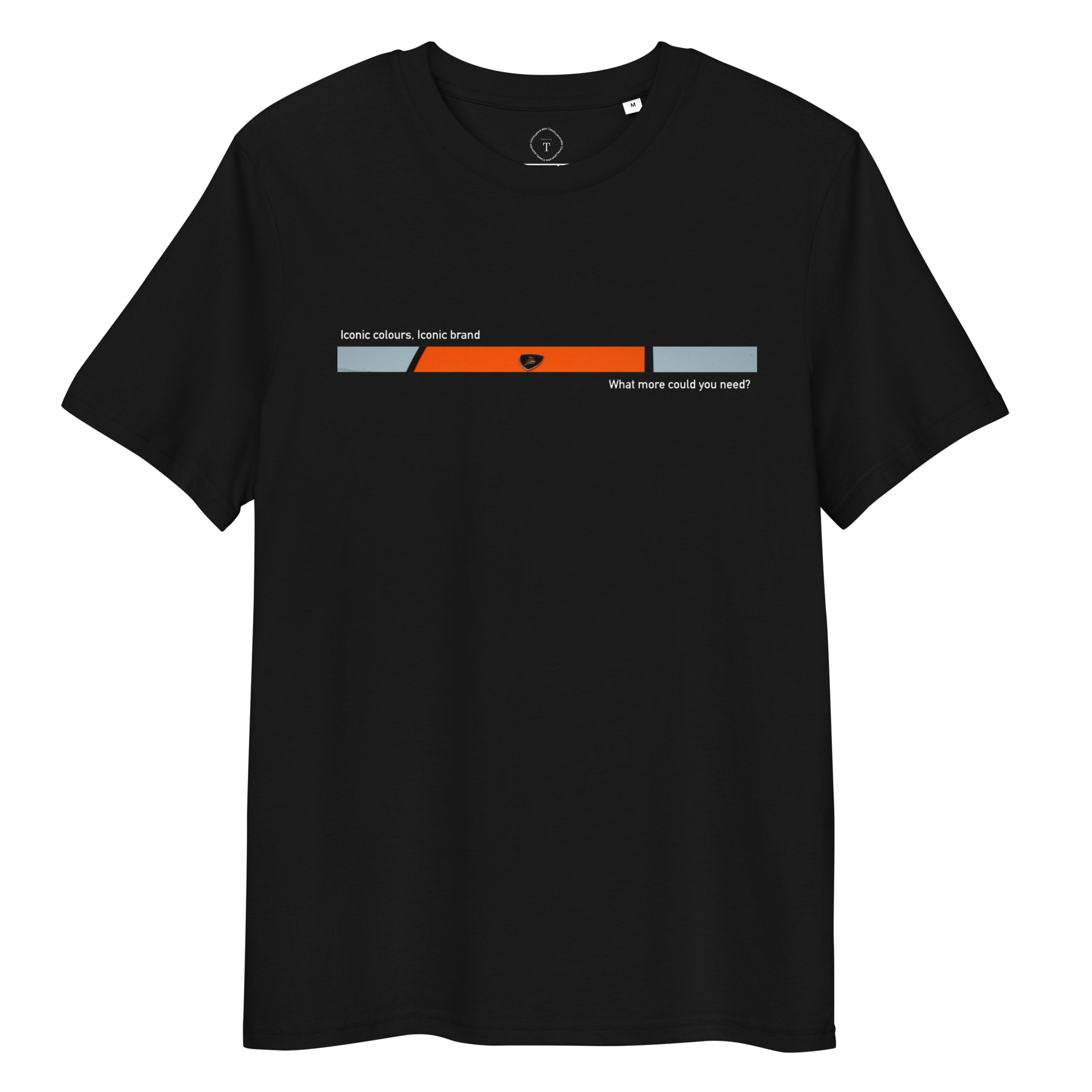Black T-Shirt of slit photograph design of front nose of a Lamborghini with a Gulf colour livery with text "Iconic colours, Iconic Brand, What more could you need?" text