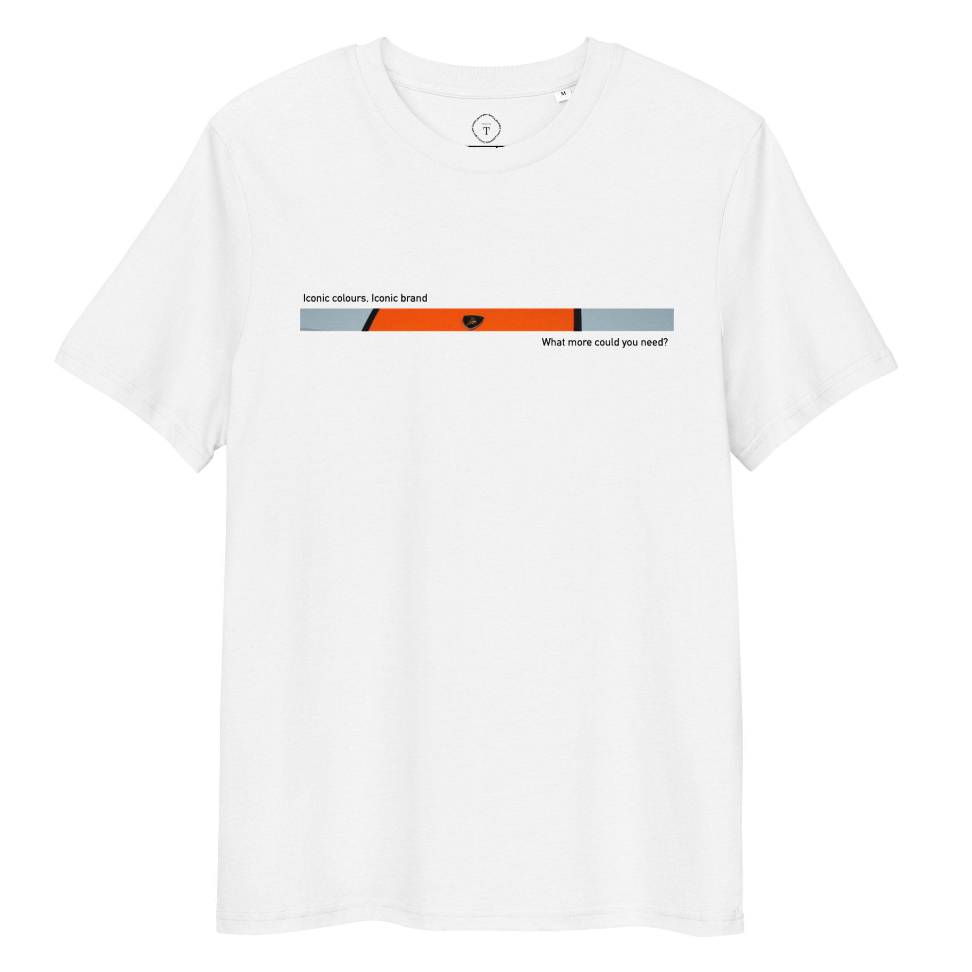 White T-Shirt of slit photograph design of front nose of a Lamborghini with a Gulf colour livery with text "Iconic colours, Iconic Brand, What more could you need?" text
