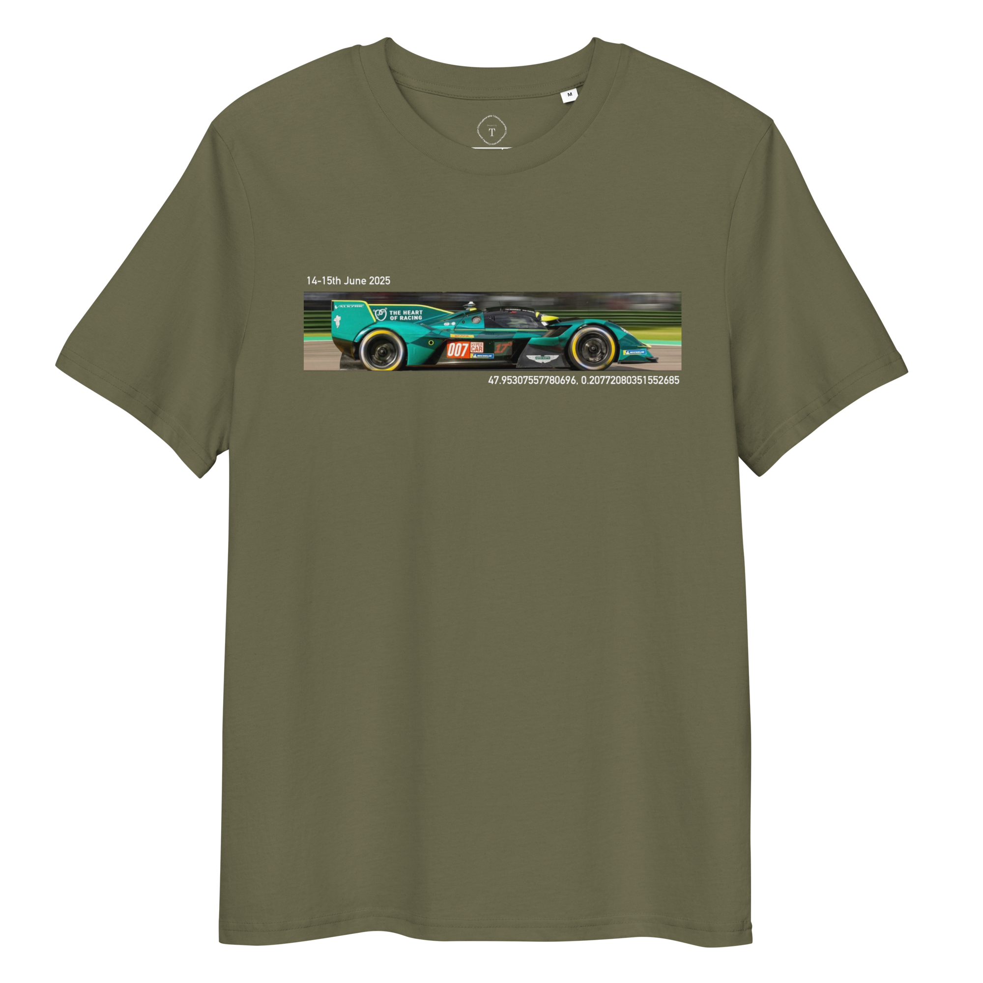 Dark Green T-Shirt of slit photograph design of Aston Martin Valkyrie racing with date and coordinates of event