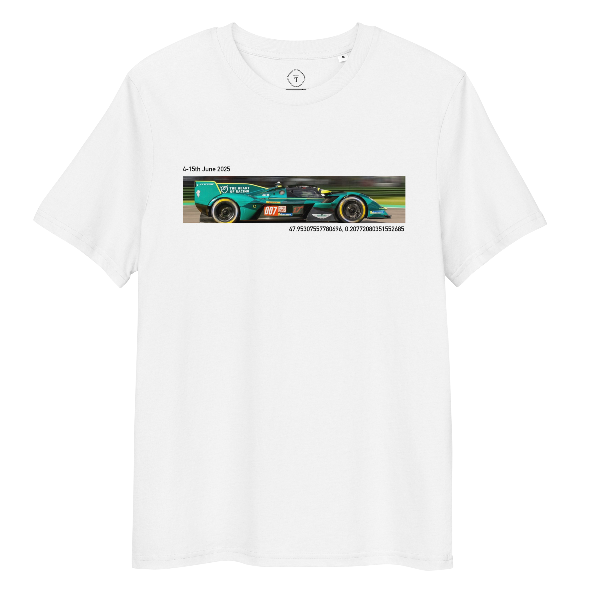 White T-Shirt of slit photograph design of Aston Martin Valkyrie racing with date and coordinates of event