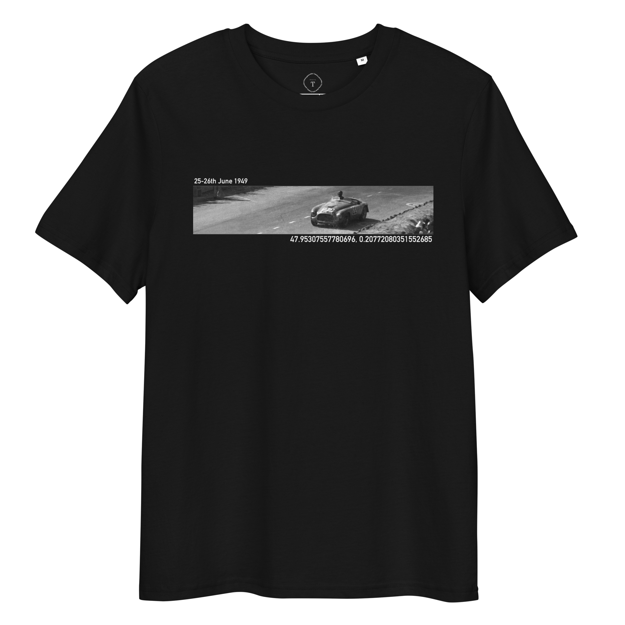 Black T-Shirt of slit photograph design of 1949 Ferrari 166M at Le Mans with date and coordinates of event