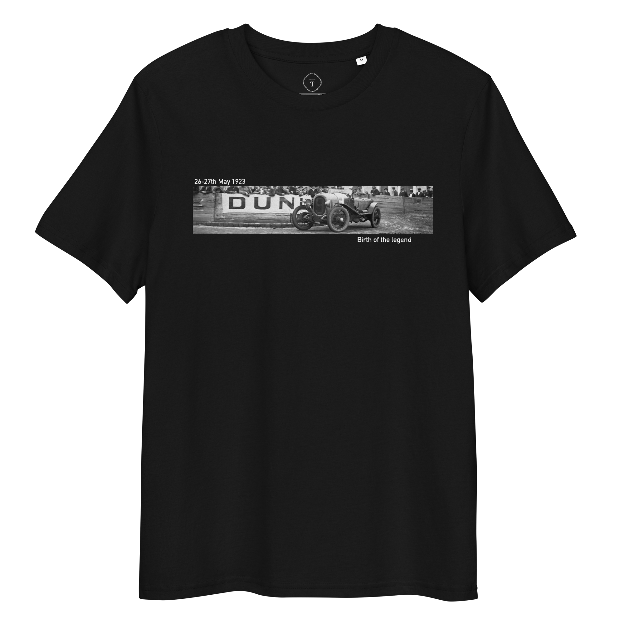 Black T-Shirt of slit photograph design of 1923 first winner at Le Mans with date and coordinates of event