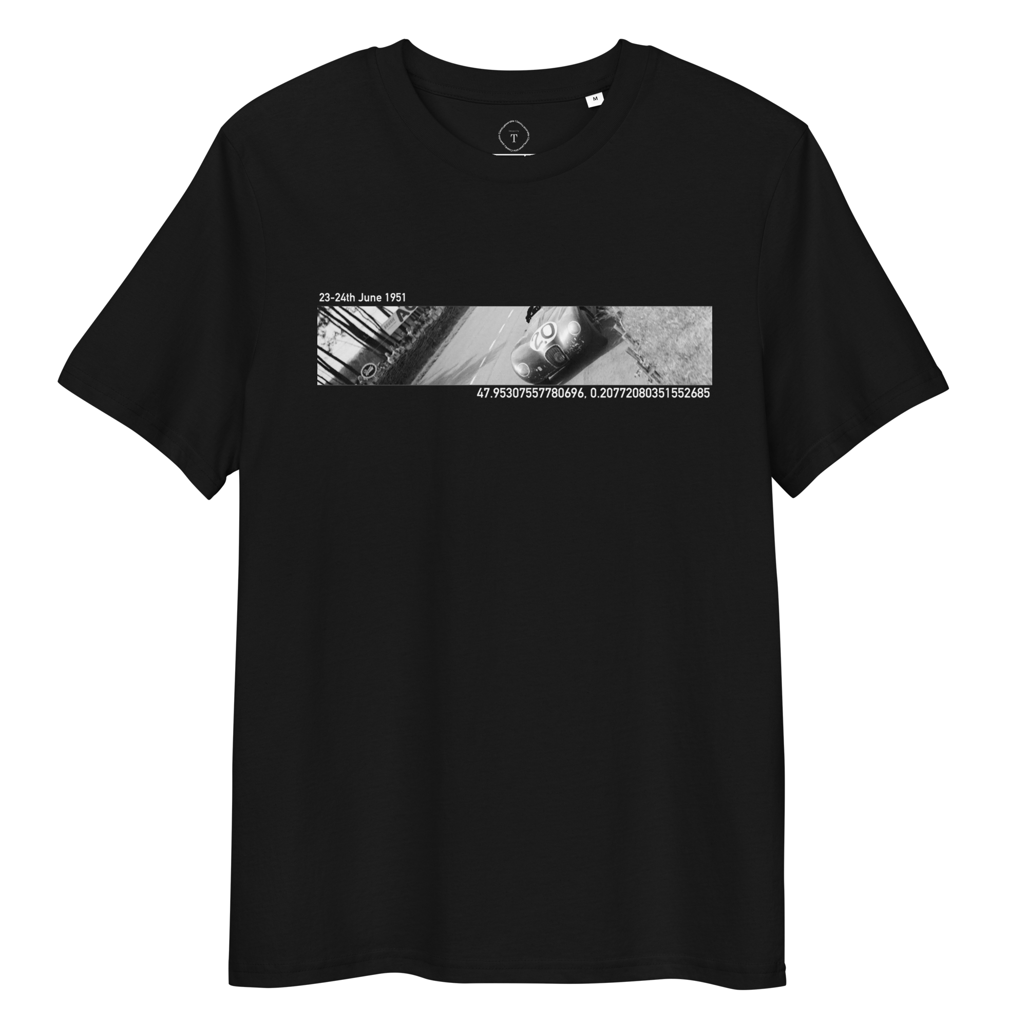 Black T-Shirt of slit photograph design of 1951 Jaguar XK at Le Mans with date and coordinates of event