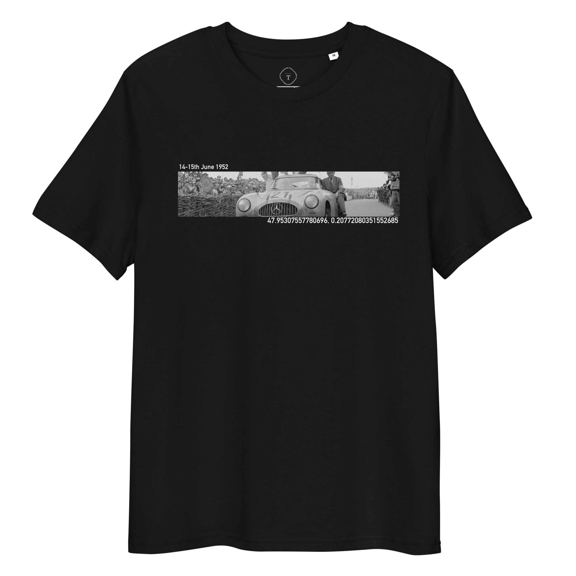 Black T-Shirt of slit photograph design of Mercedes 300SL at Le Mans with date and coordinates of event