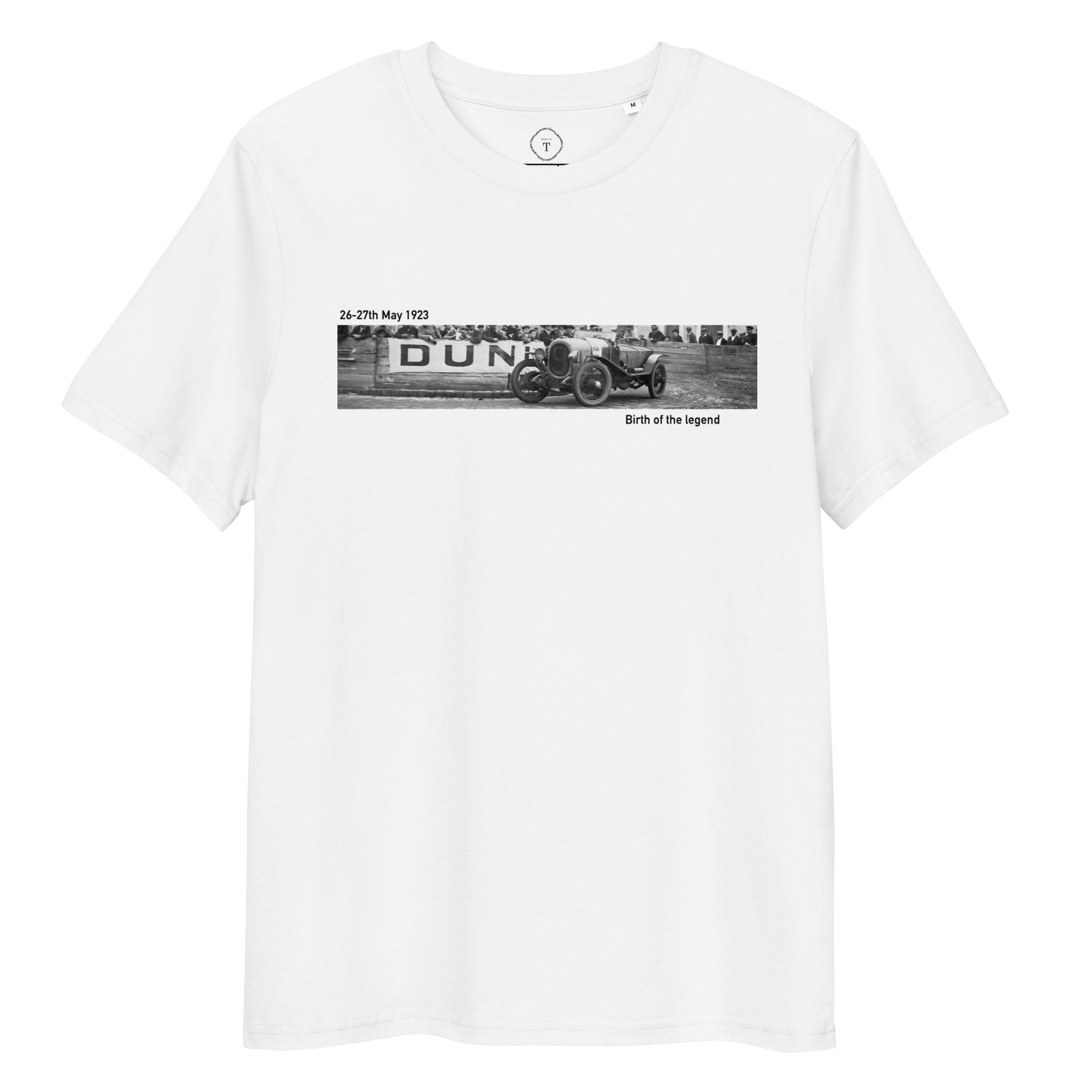White T-Shirt of slit photograph design of 1923 first winner at Le Mans with date and coordinates of event