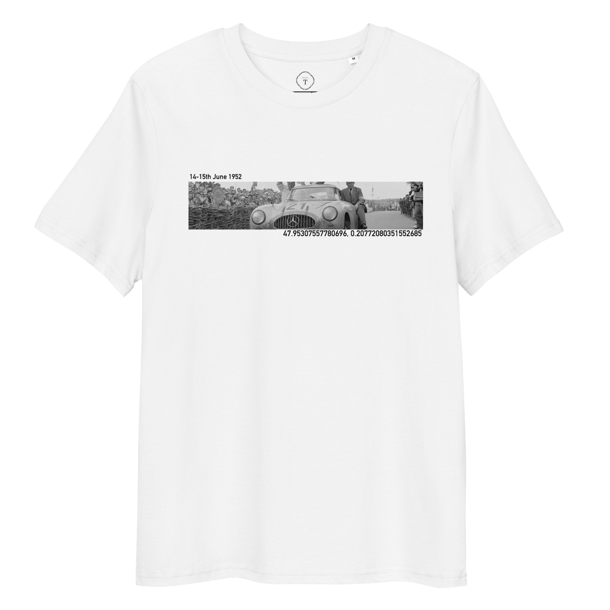 White T-Shirt of slit photograph design of Mercedes 300SL at Le Mans with date and coordinates of event