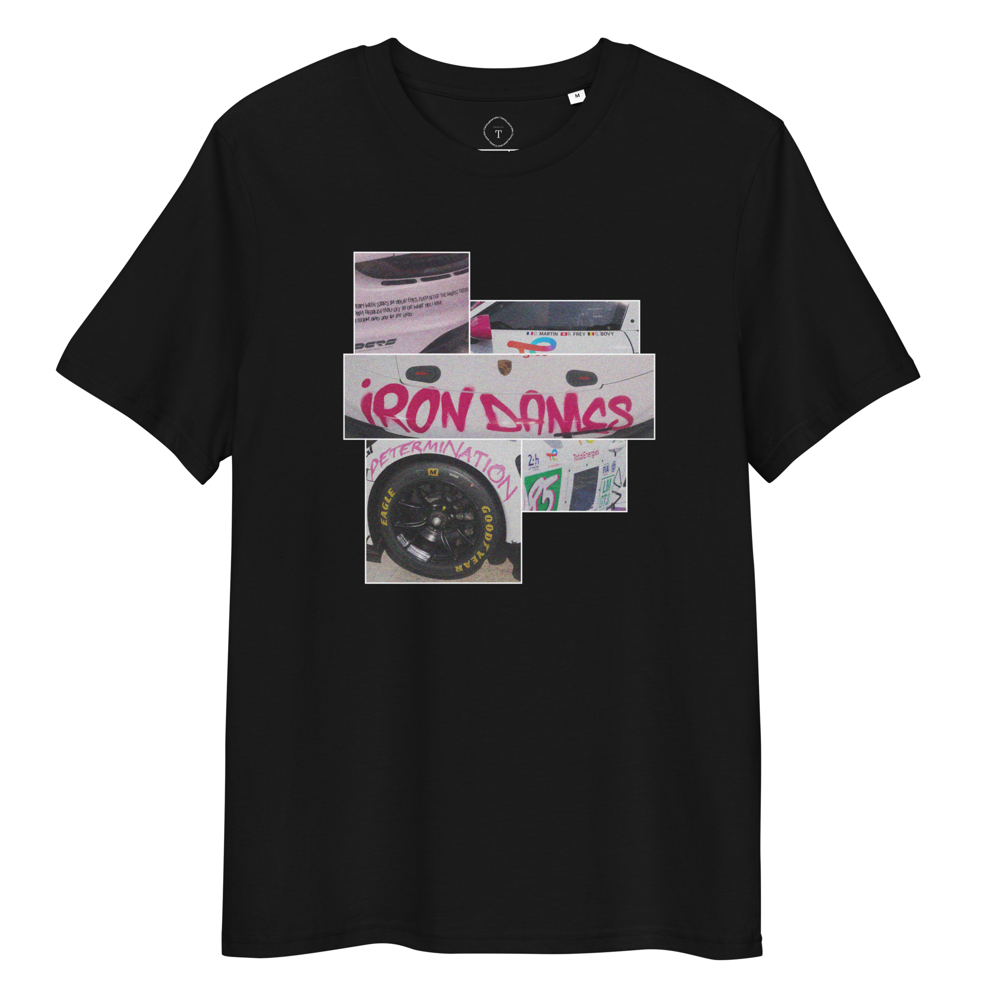 Black Unisex Cotton T-Shirt full view with sqaure box design with photographs of Iron Dames from multiple angles at Le Mans