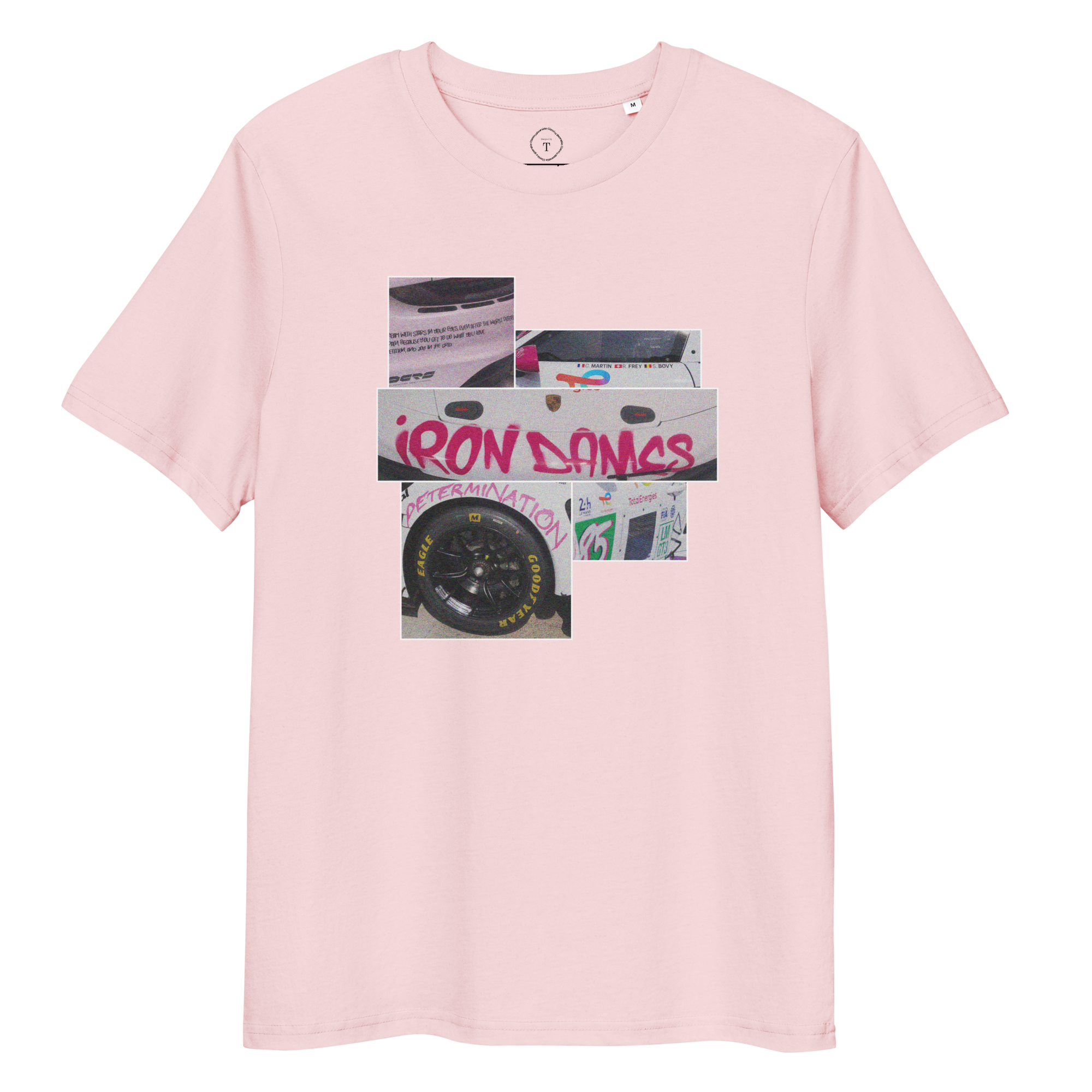 Pink Unisex Cotton T-Shirt full view with sqaure box design with photographs of Iron Dames from multiple angles at Le Mans