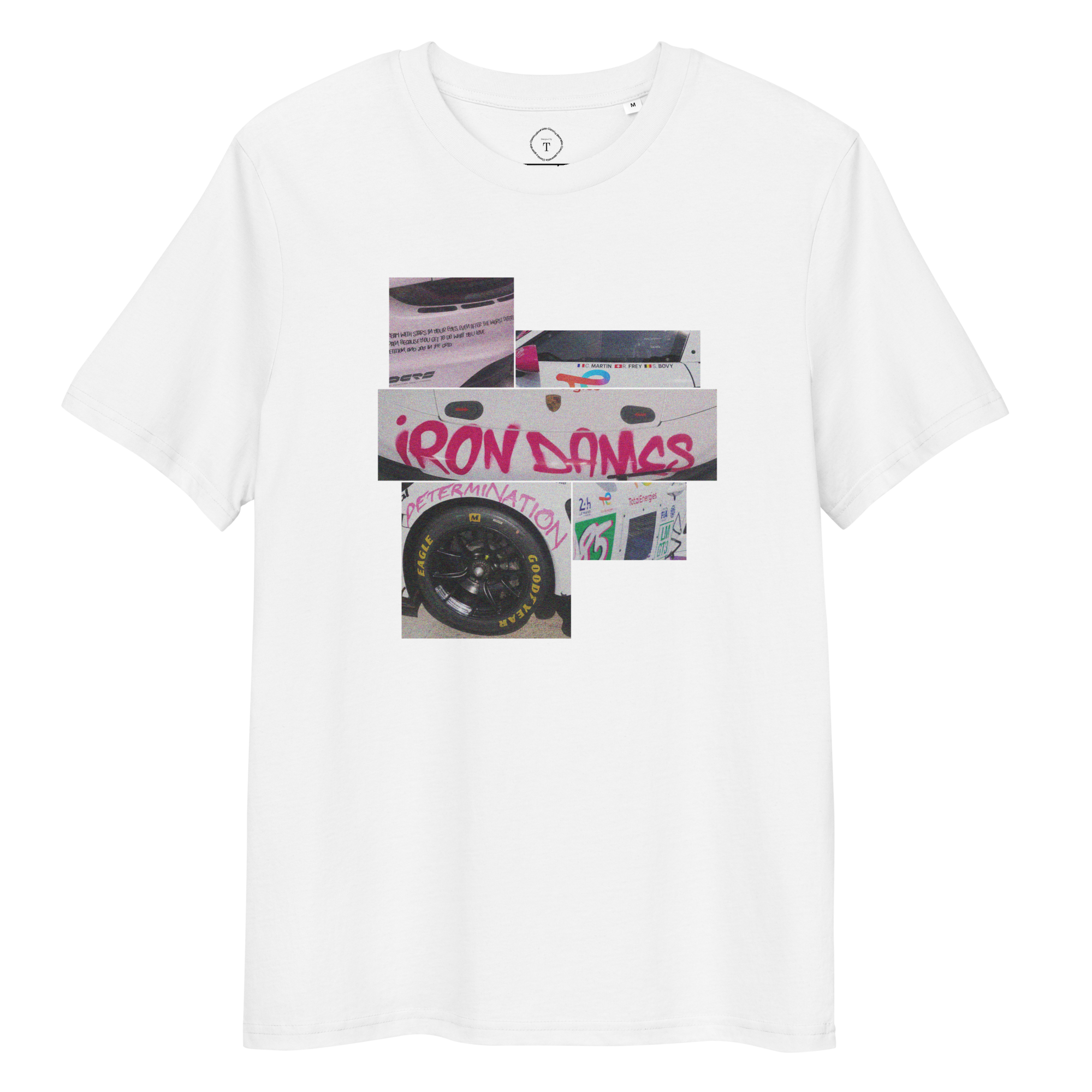 White Unisex Cotton T-Shirt full view with sqaure box design with photographs of Iron Dames from multiple angles at Le Mans