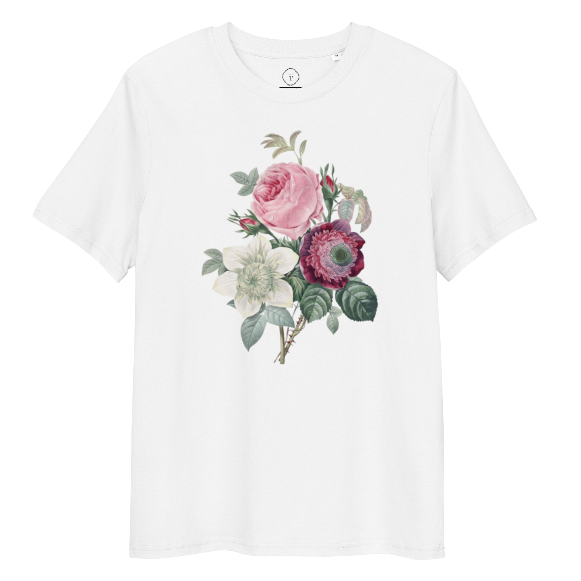 White Unisex Cotton T-Shirt full view with image of pink rose bouquet in the centre