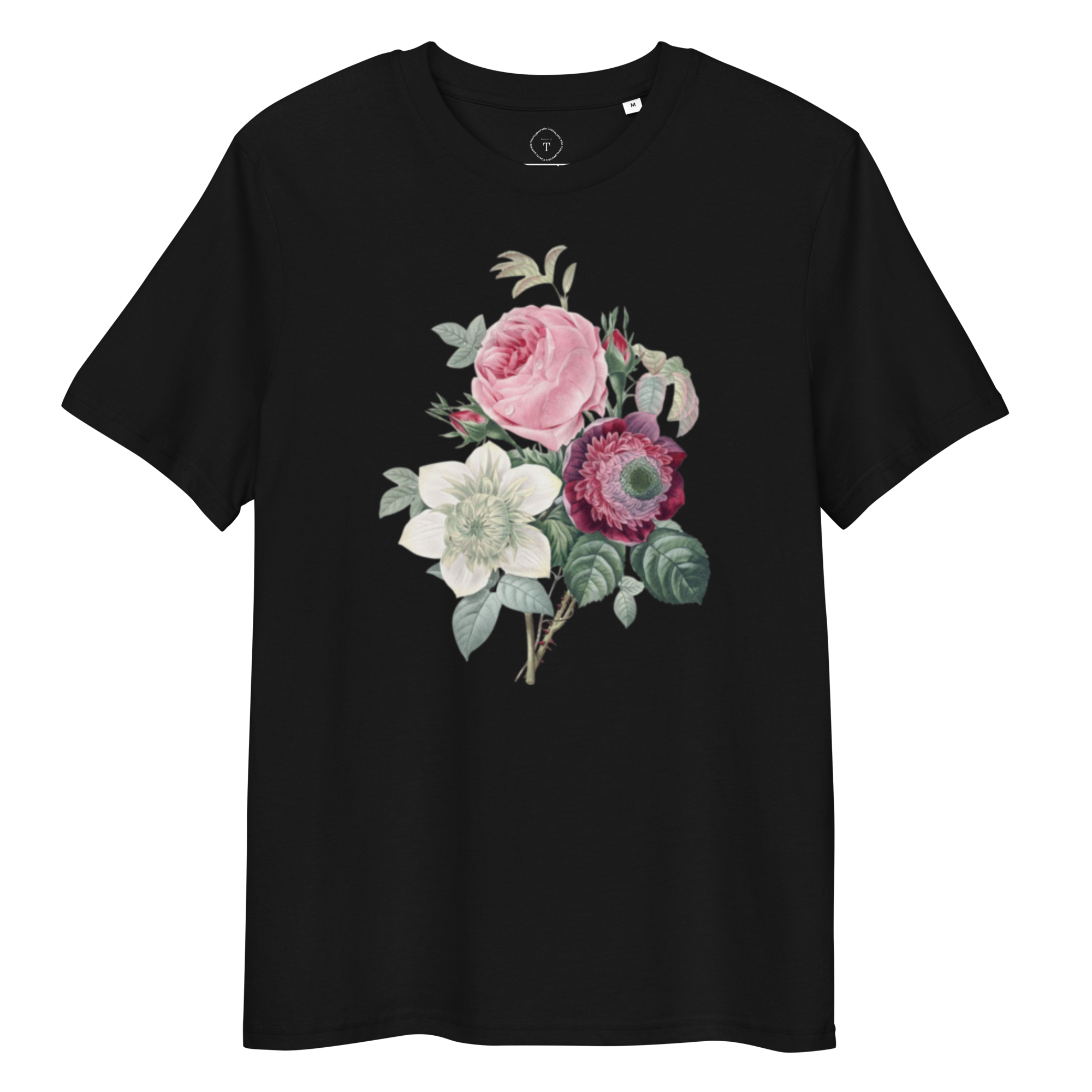 Black Unisex Cotton T-Shirt full view with image of pink rose bouquet in the centre