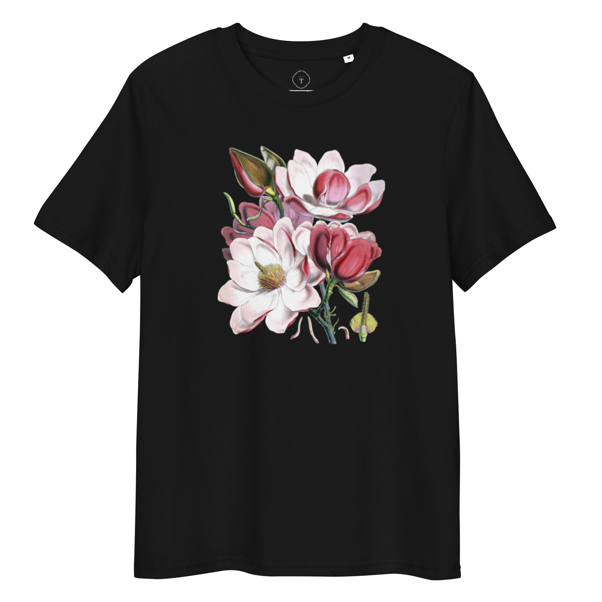 Black Unisex Cotton T-Shirt full view with image of magnolia bouquet in the centre