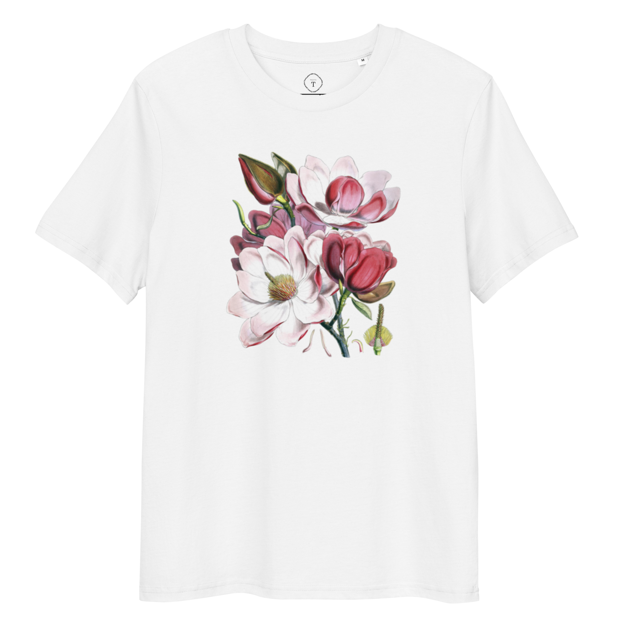 White Unisex Cotton T-Shirt full view with image of magnolia bouquet in the centre
