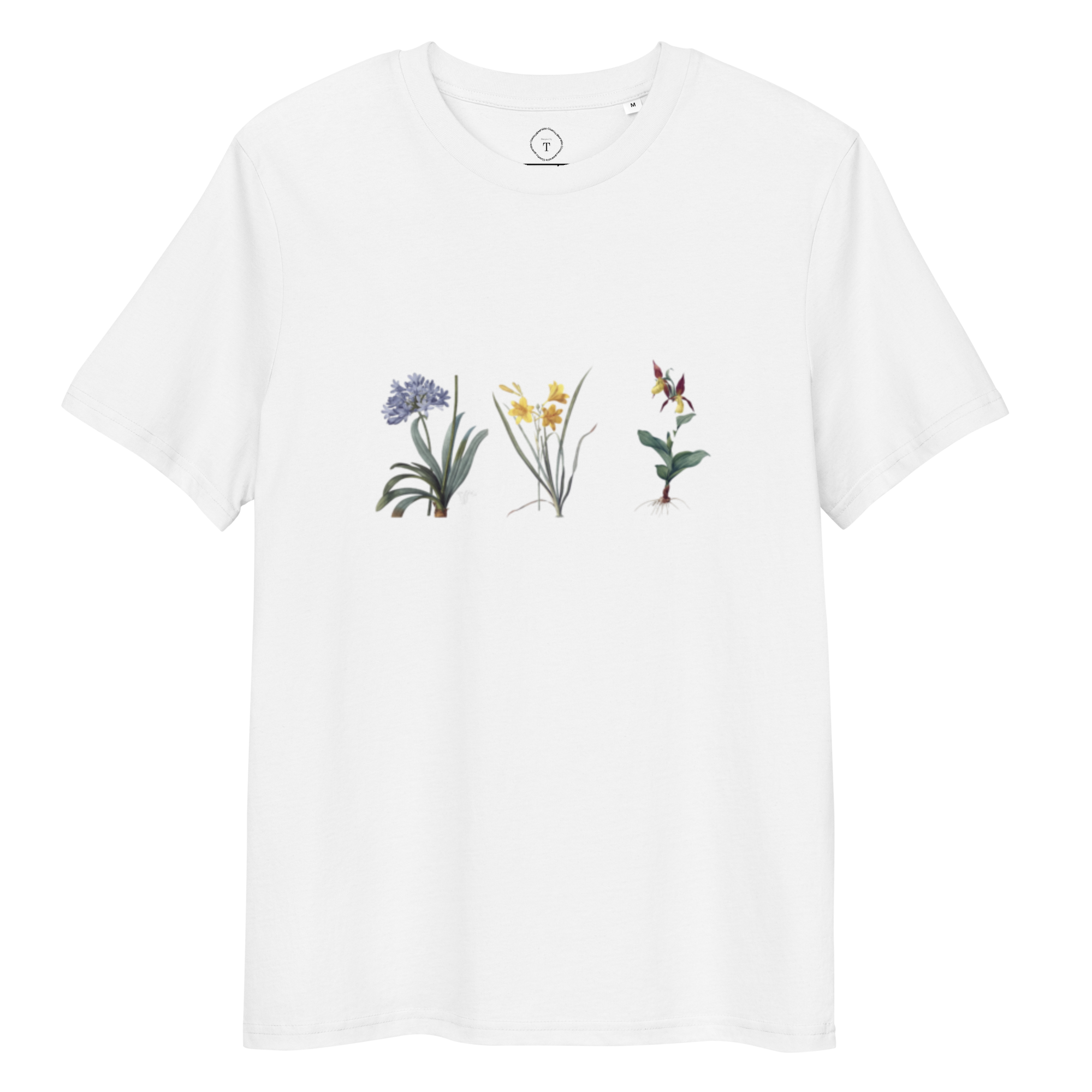 White Unisex Cotton T-Shirt full view with image of three bright coloured flowers in the centre