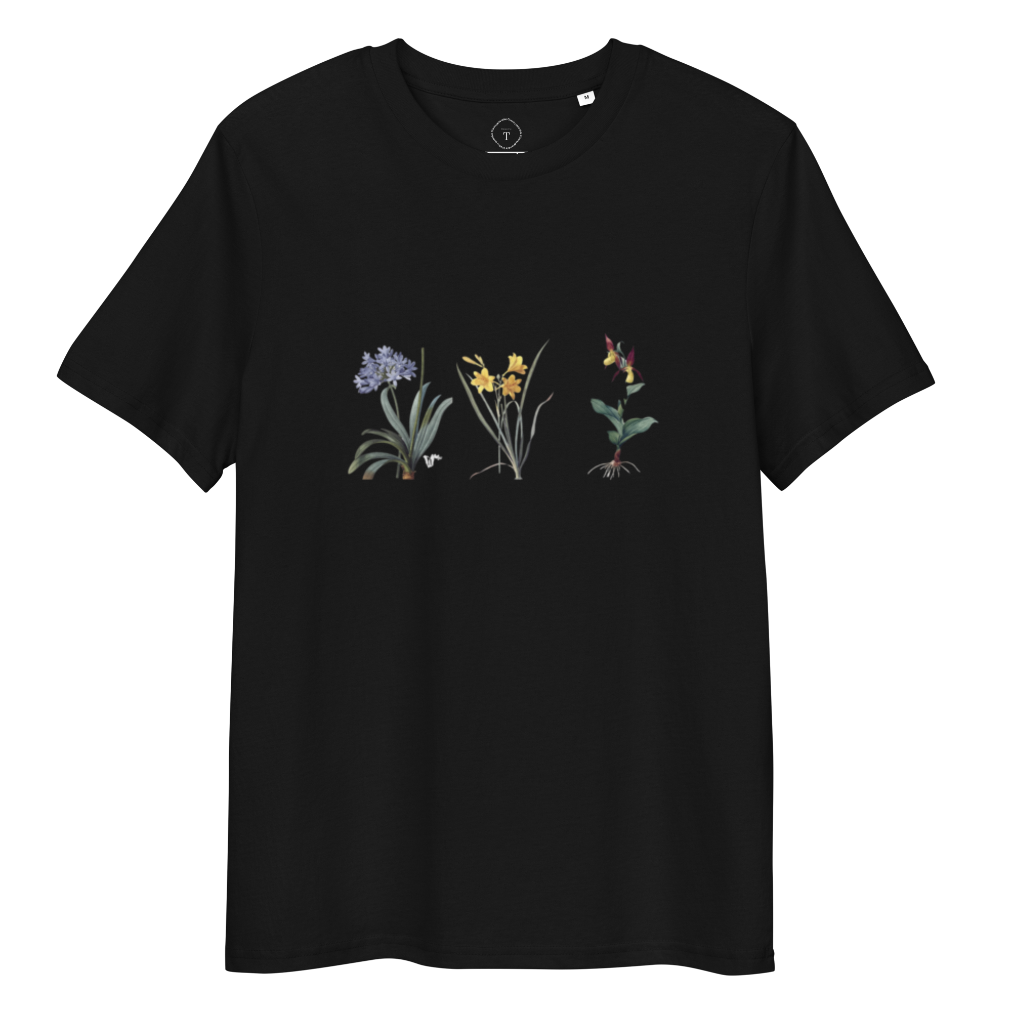 Black Unisex Cotton T-Shirt full view with image of three bright coloured flowers in the centre