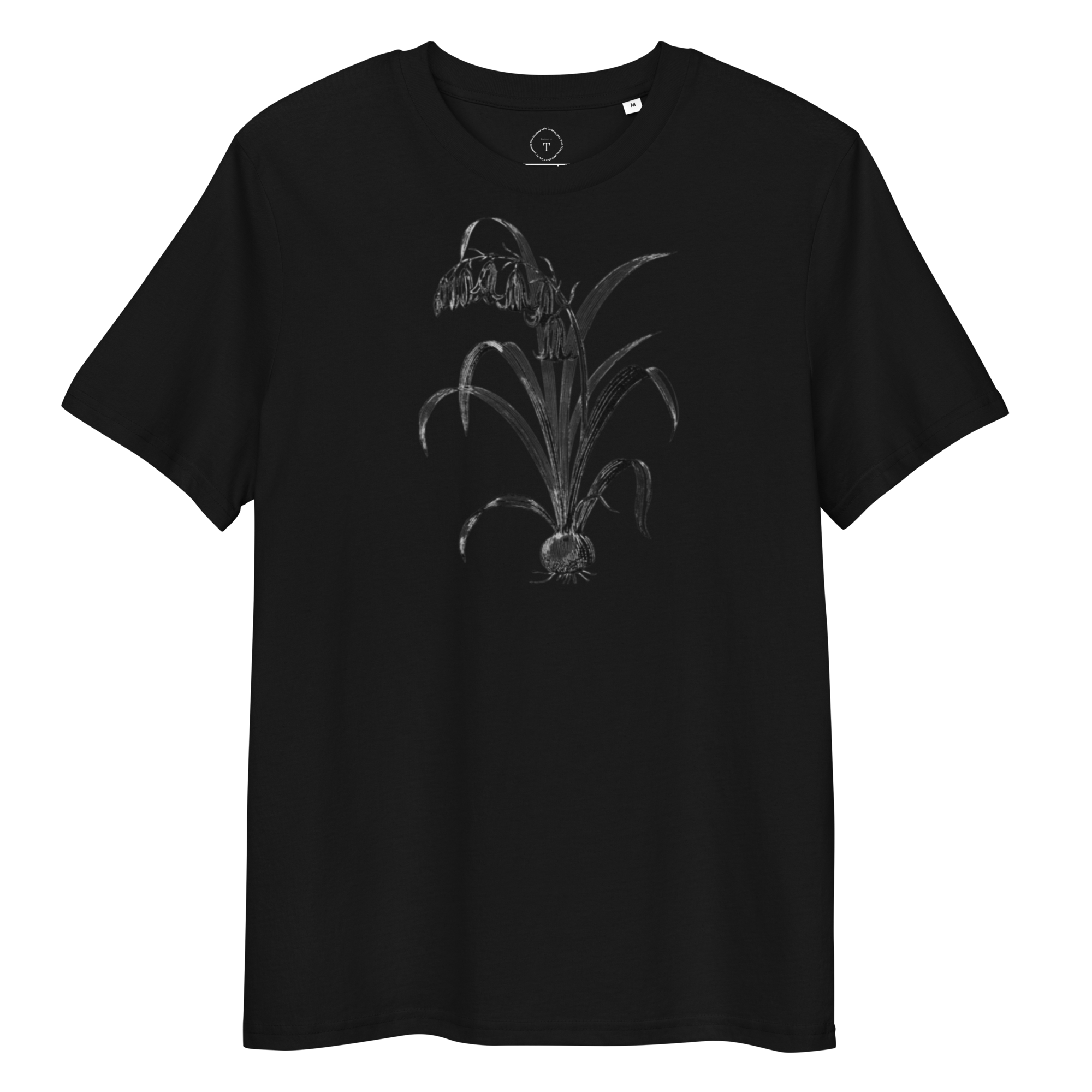 Black Unisex Cotton T-Shirt full view with black and white image of bluebell flower in the centre