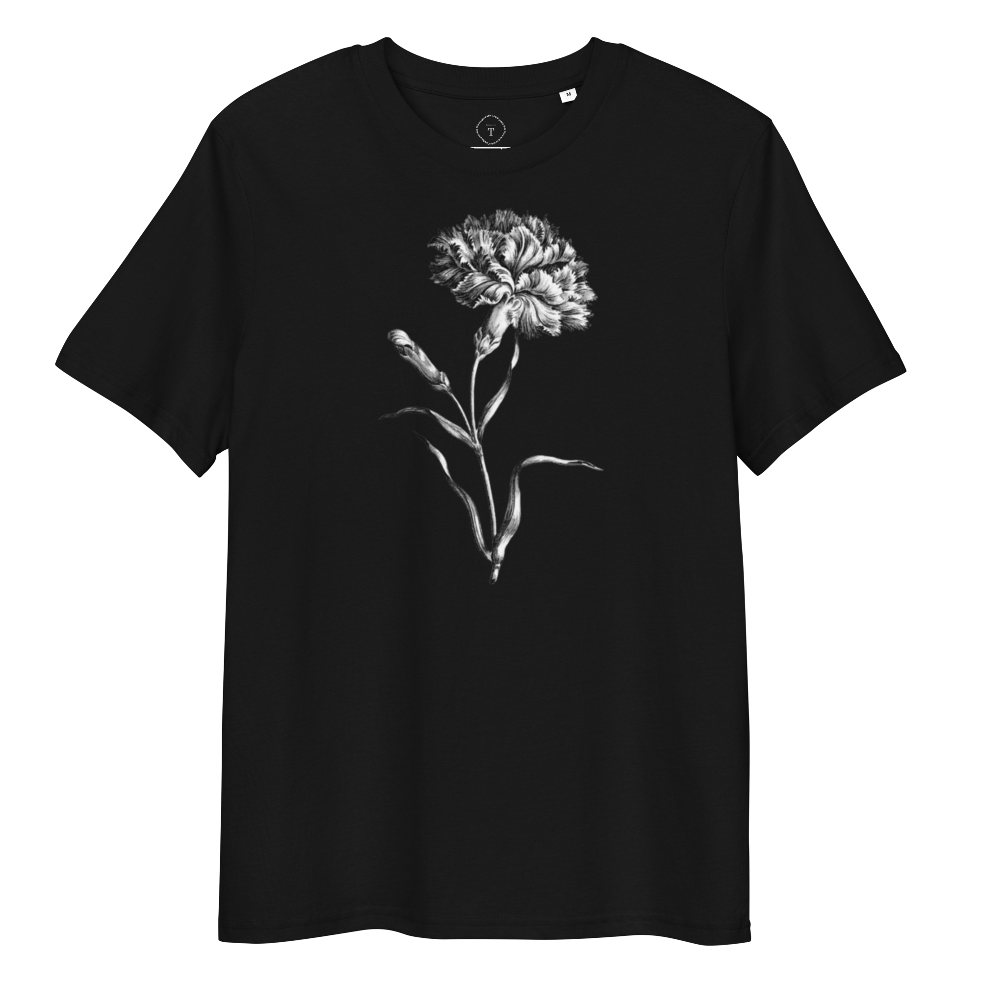 Black Unisex Cotton T-Shirt full view with black and white image of carnation flower in the centre