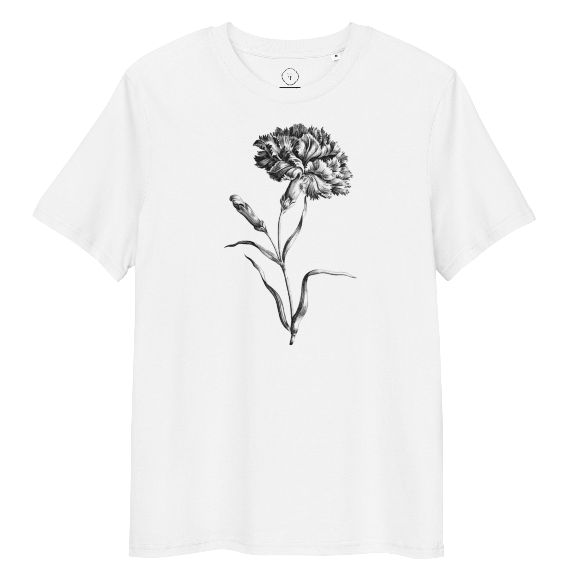 White Unisex Cotton T-Shirt full view with black and white image of carnation flower in the centre