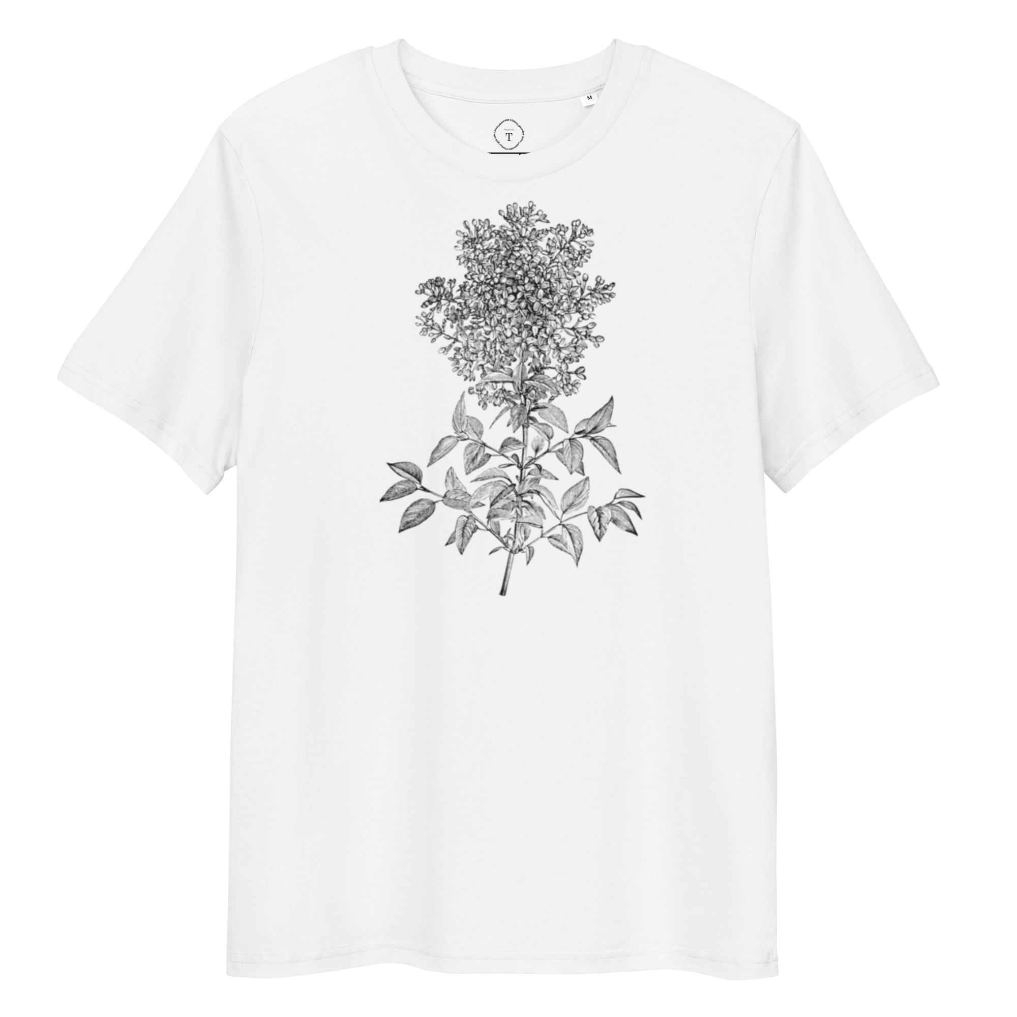 White Unisex Cotton T-Shirt full view with black and white image of wildflower in the centre