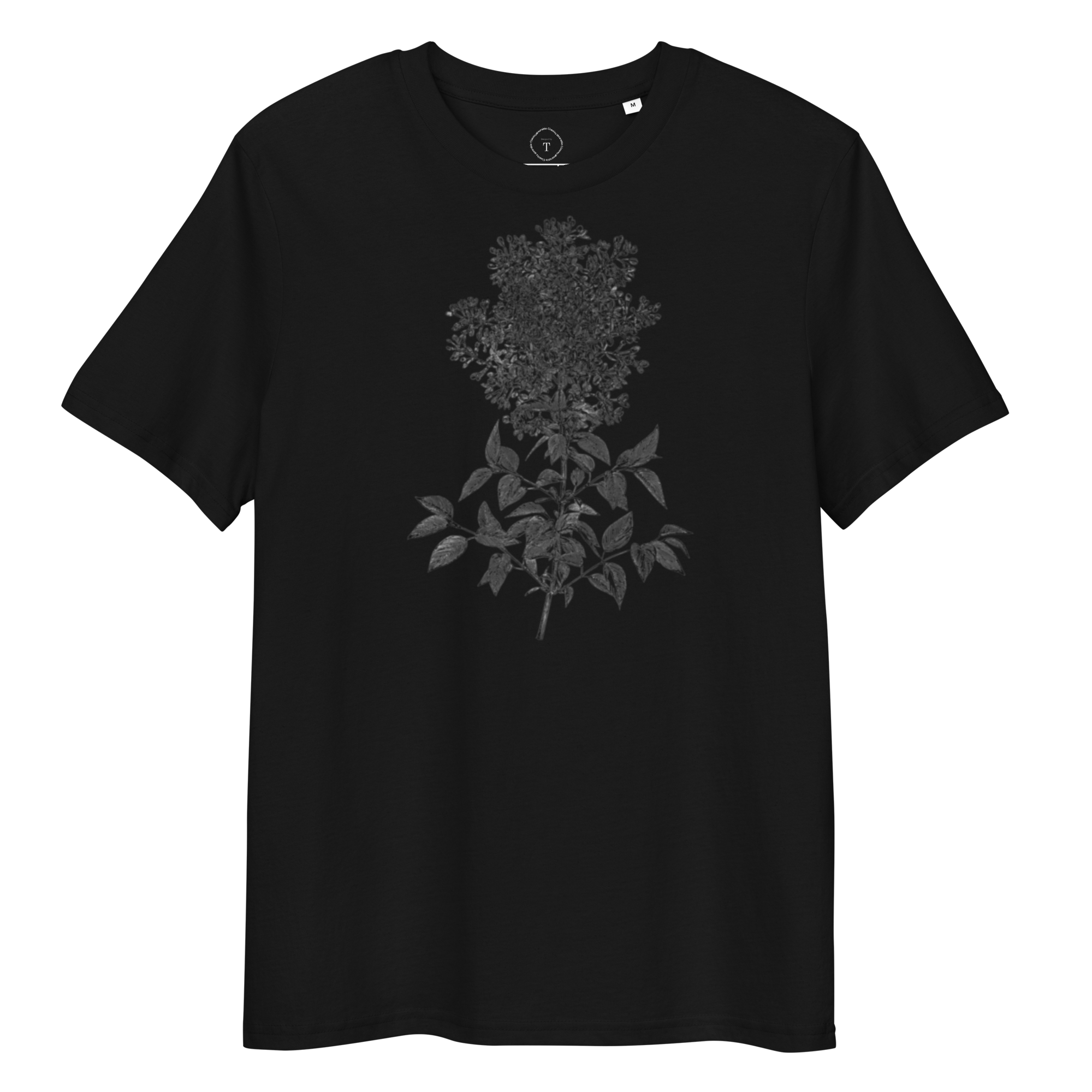 Black Unisex Cotton T-Shirt full view with black and white image of wildflower in the centre