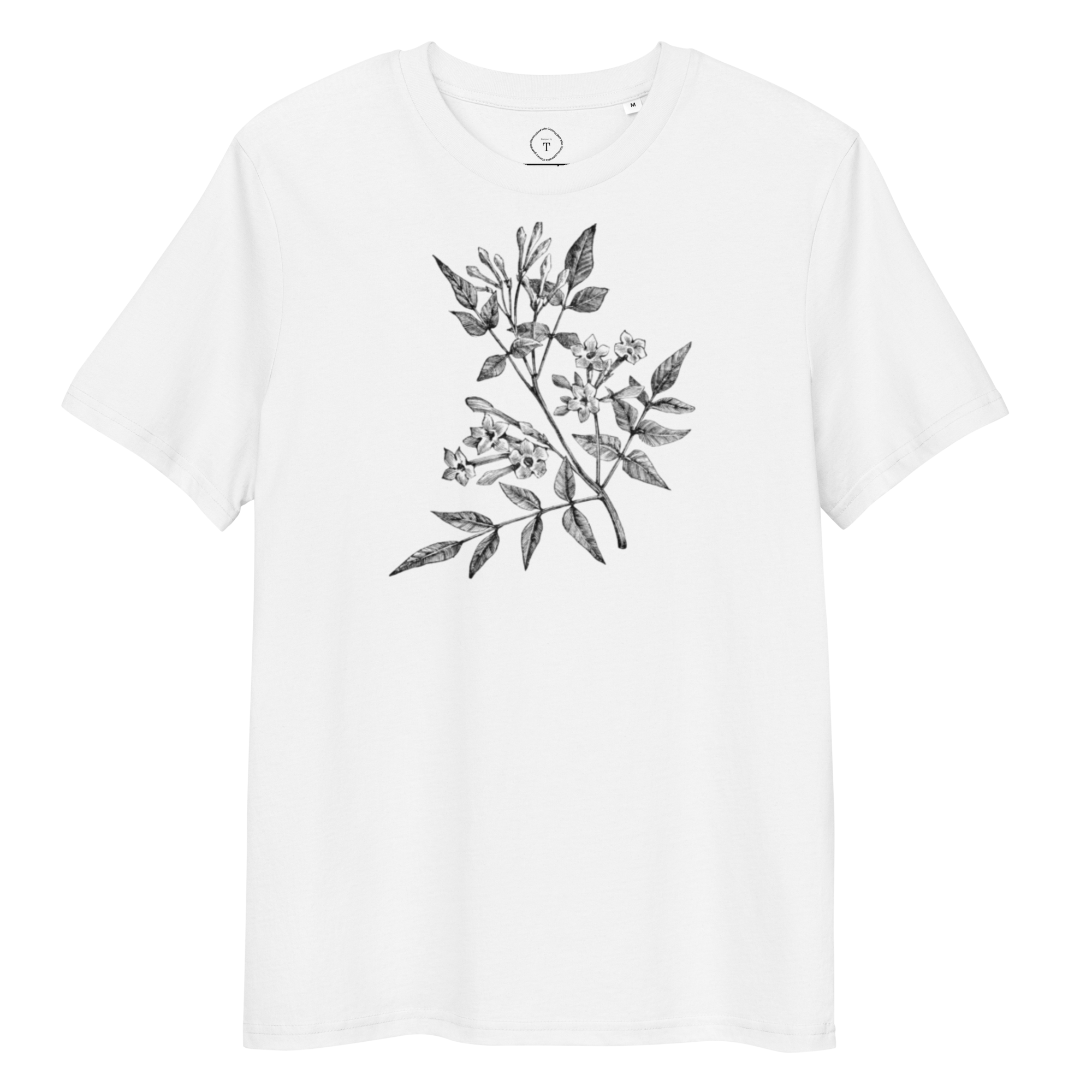 White Unisex Cotton T-Shirt full view with black and white image of jasmine flower in the centre