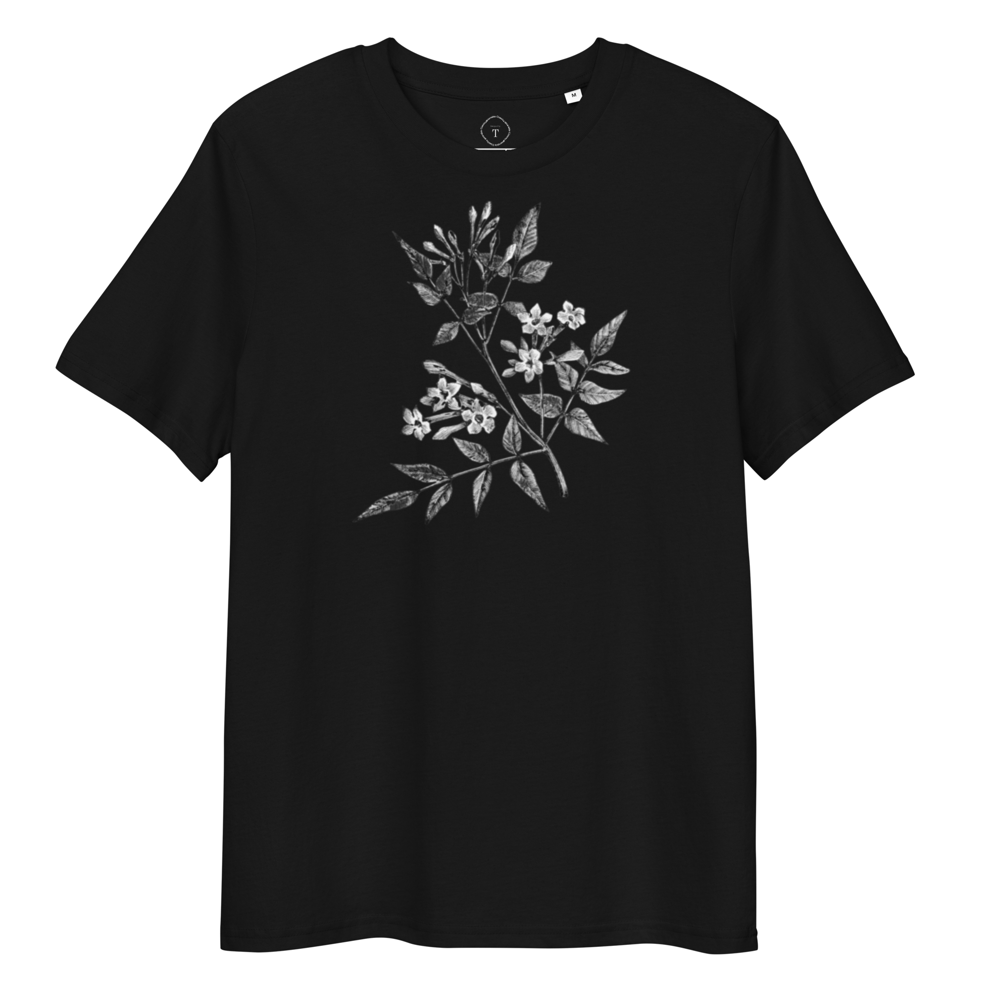 Black Unisex Cotton T-Shirt full view with black and white image of jasmine flower in the centre