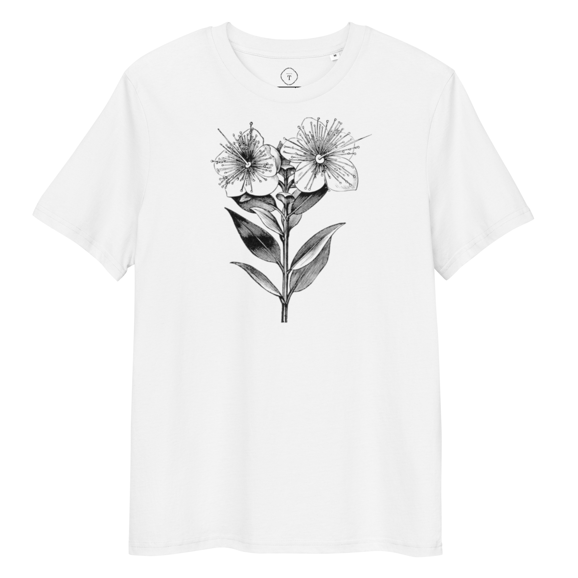 White Unisex Cotton T-Shirt full view with black and white image of flower in the centre