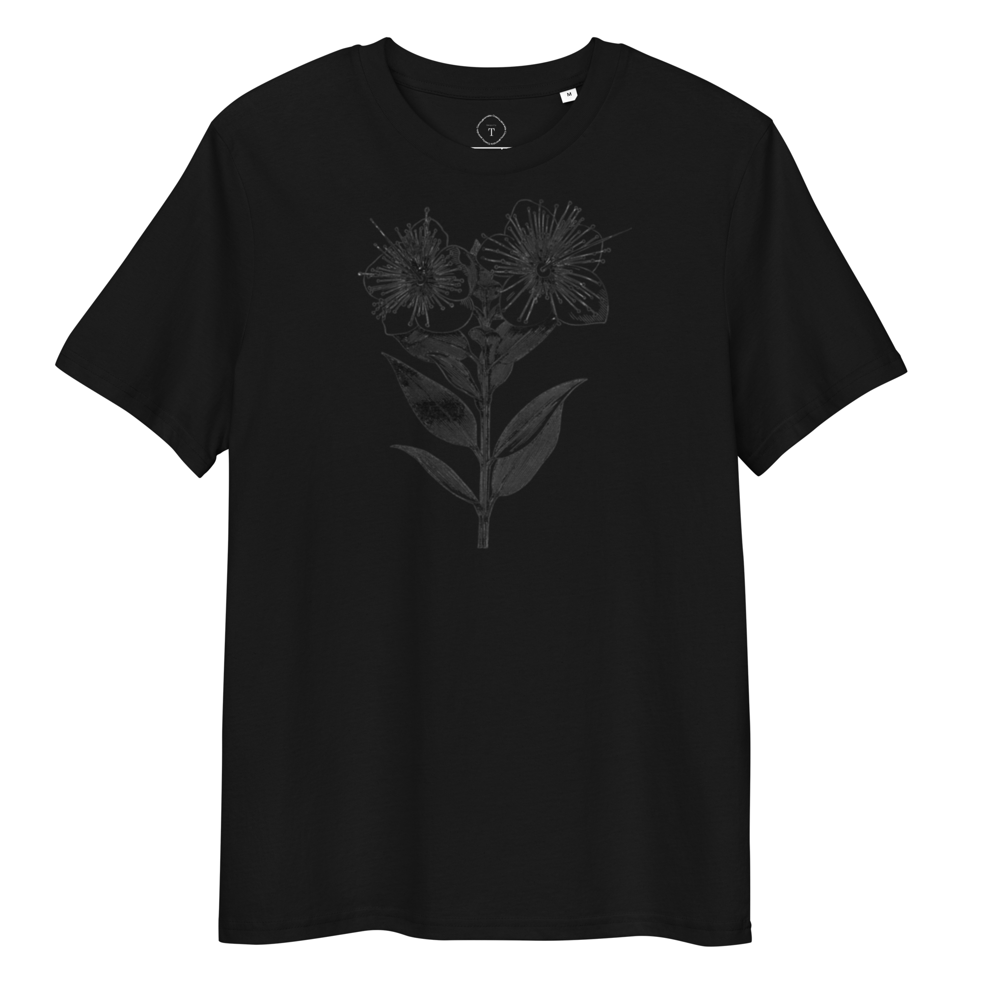 Black Unisex Cotton T-Shirt full view with black and white image of flower in the centre