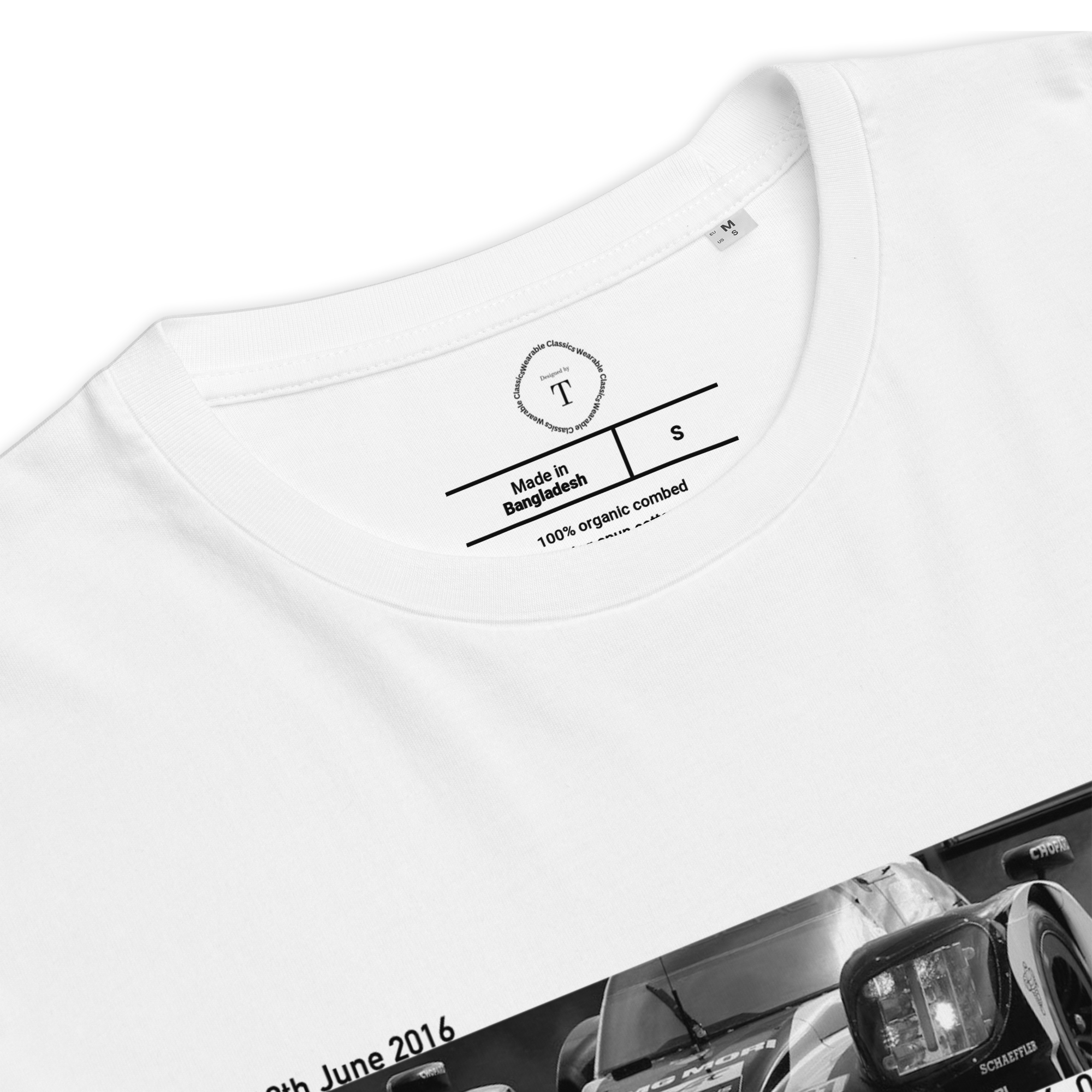 White Unisex Cotton T-Shirt folded close up with banner image of Porsche 919 Hybrid 2016 at Le Mans in the centre with text of coordinates and date of race